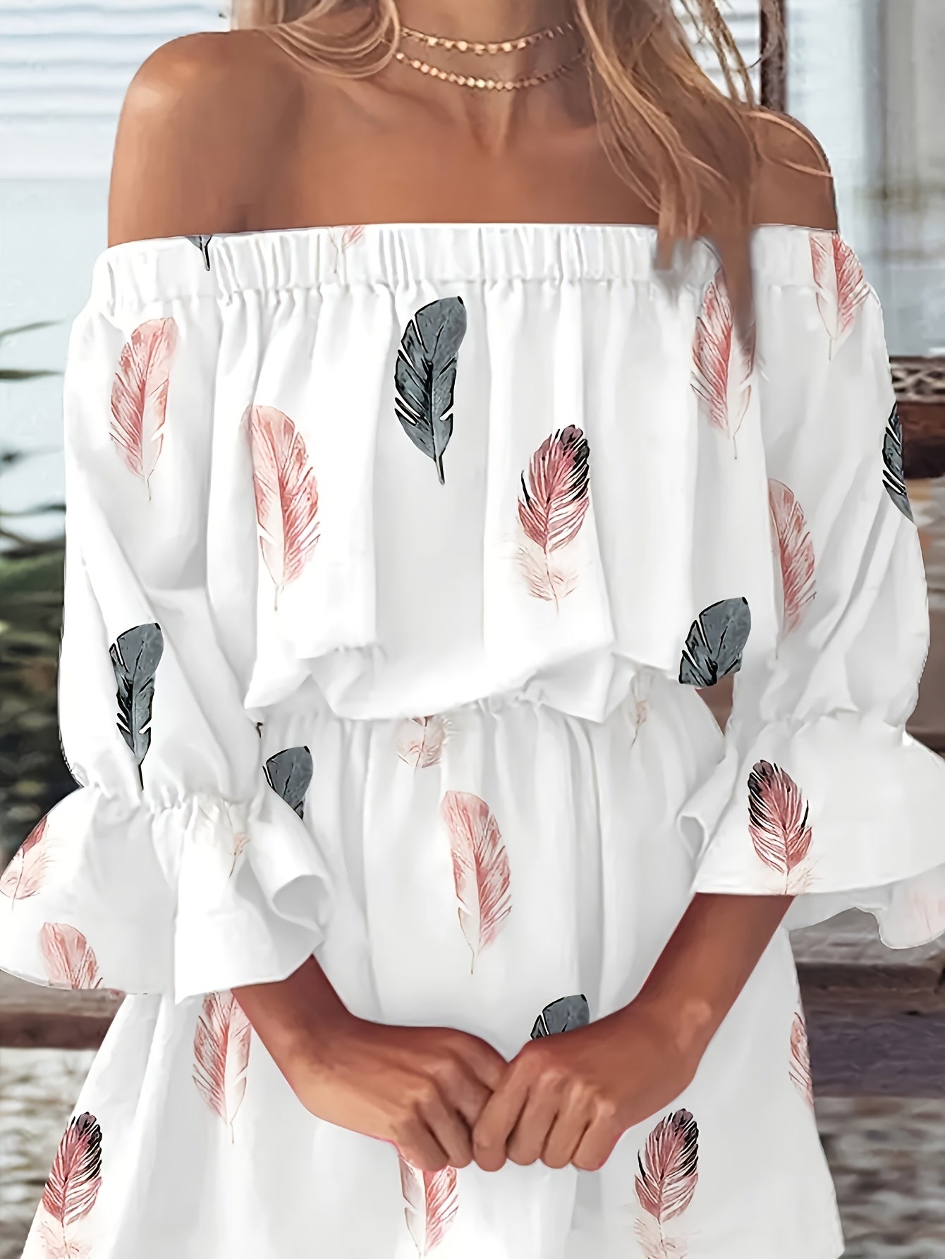 Print Dress for Women - Ruffle Trim, Half Sleeve, Stretchy Polyester Blend, Machine Washable
