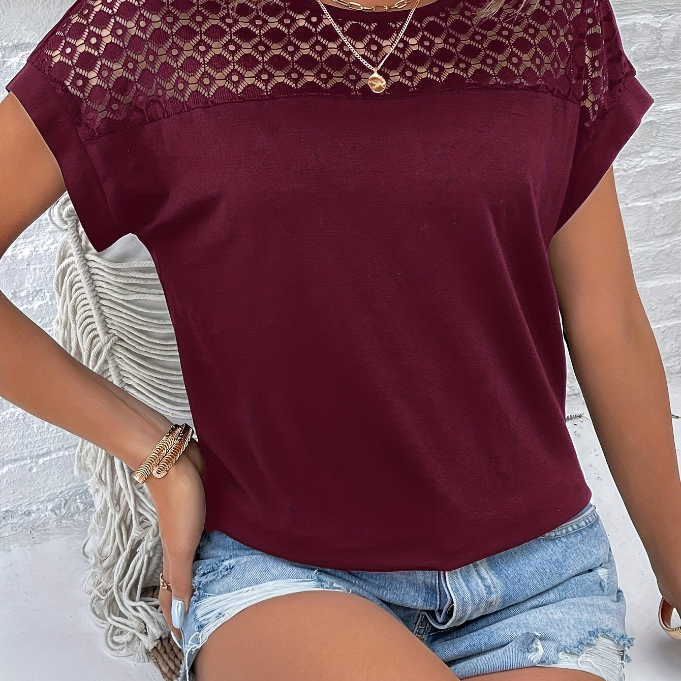Vacation Style Lace Batwing Short-Sleeve T-Shirt