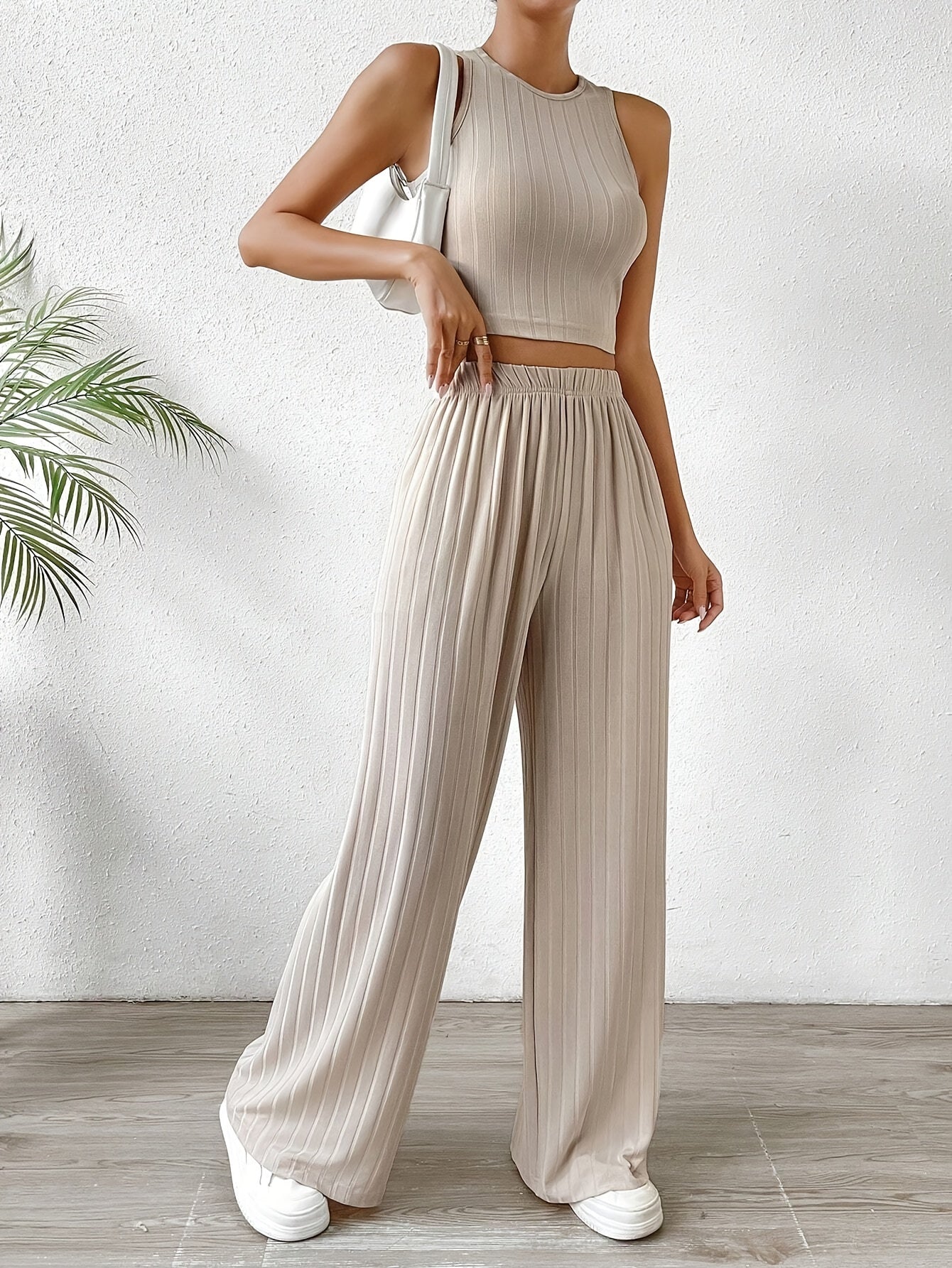 Solid Ribbed Elegant Pants Set, Crew Neck Sleeveless Slim Tank Top & Elastic Waist Wide Leg Pants Outfits, Women's Clothing