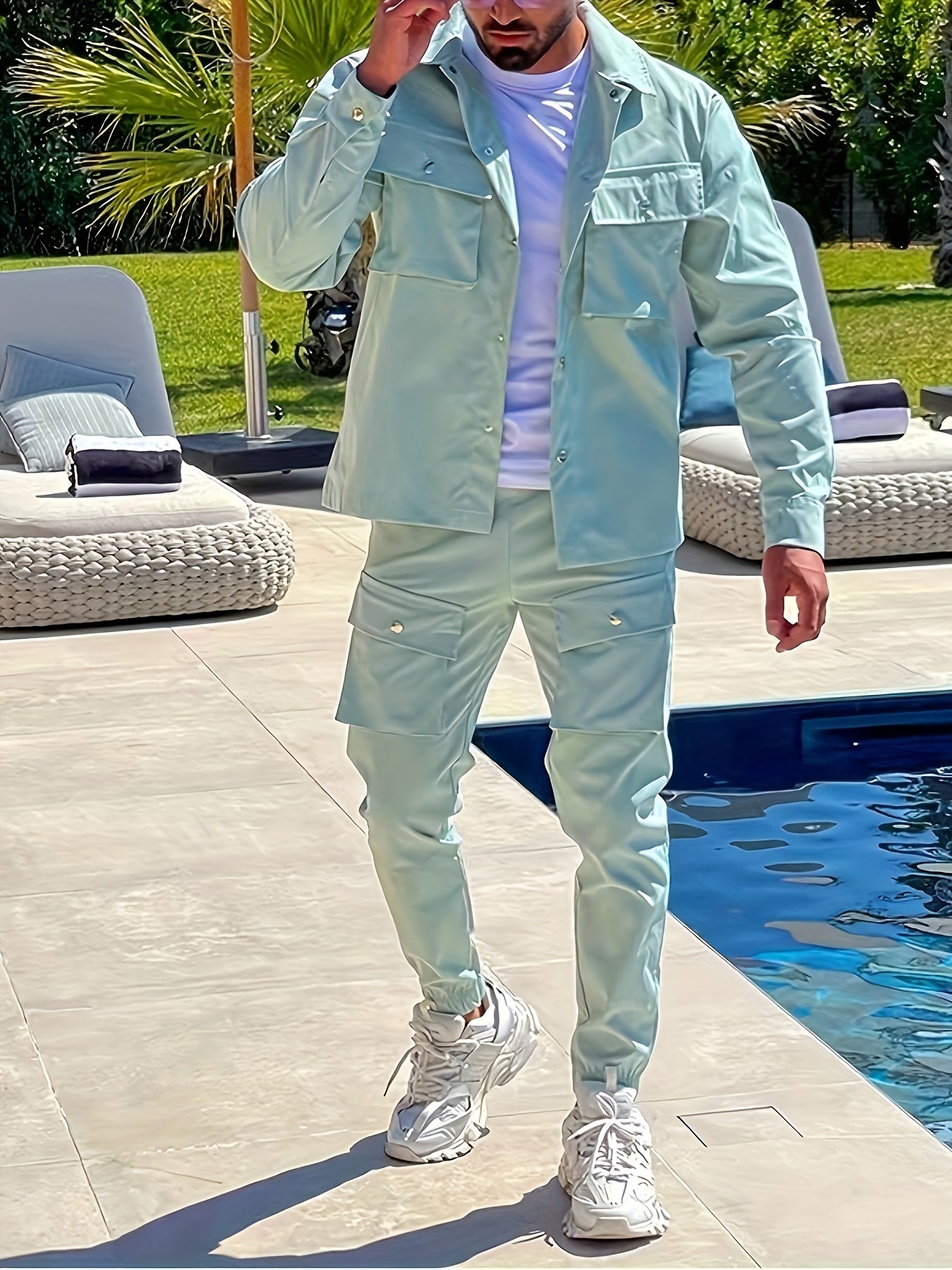 Men'S Casual Polyester Suit Set, Solid Color, Non-Stretch, Regular Fit, with Lapel Collar, Pocket Details, for Hiking, Daily Wear, and Special Occasions, Spring/Fall, Fall/Winter
