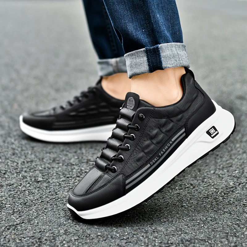 Men's Breathable Casual Sneakers - Comfortable, Versatile Stylish Shoes for Running, Sports Casual Attire, Black with White Accents, PU Upper PVC Sole, Round Toe, Lace-Up Design, All-Season Use