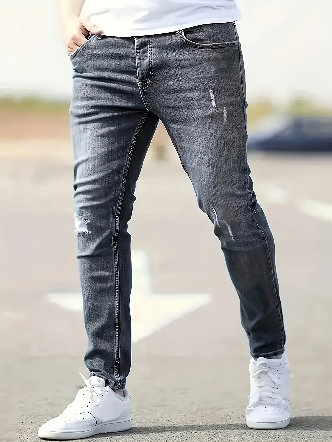 Men's Slim Fit Stretch Denim Jeans - Casual, Breathable & Machine Washable with Ripped Detail