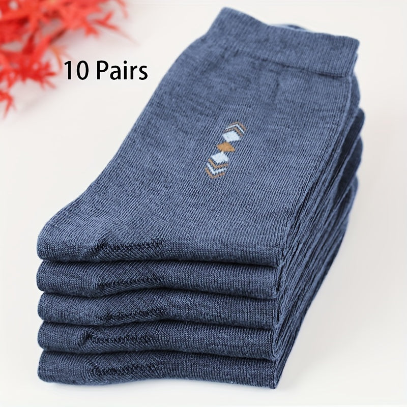 10/15 Pairs Men's Elite Business Socks, Simple Daily Durable Mid-Calf Socks, Polyester Blend with Spandex, Machine Washable, Geometric Pattern, Knit Fabric