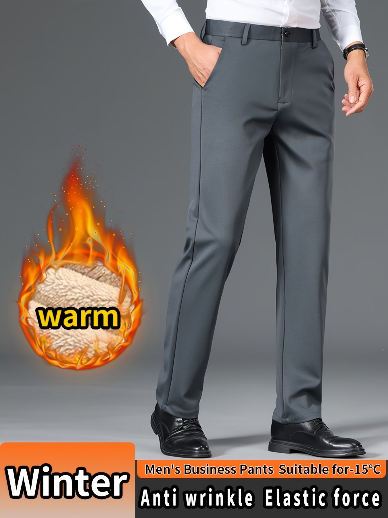 Men'S High Waist Solid Color Straight Leg Business Pants with Pocket Details, Polyester and Elastane Blend with Viscose Lining, Elastic Stretch, Zipper Fly Closure, Suitable for Fall/Winter Workwear