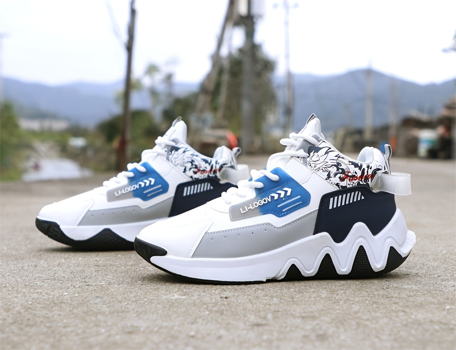 Men's High-Top Basketball Sneakers, Preppy Street Style, Solid Color with Cartoon Stripes, All-Season Lace-Up Sports Shoes, Faux Upper, Fabric Inner, Rubber Sole, for Running, Hiking Casual Wear, Outdoor Activities Shoes