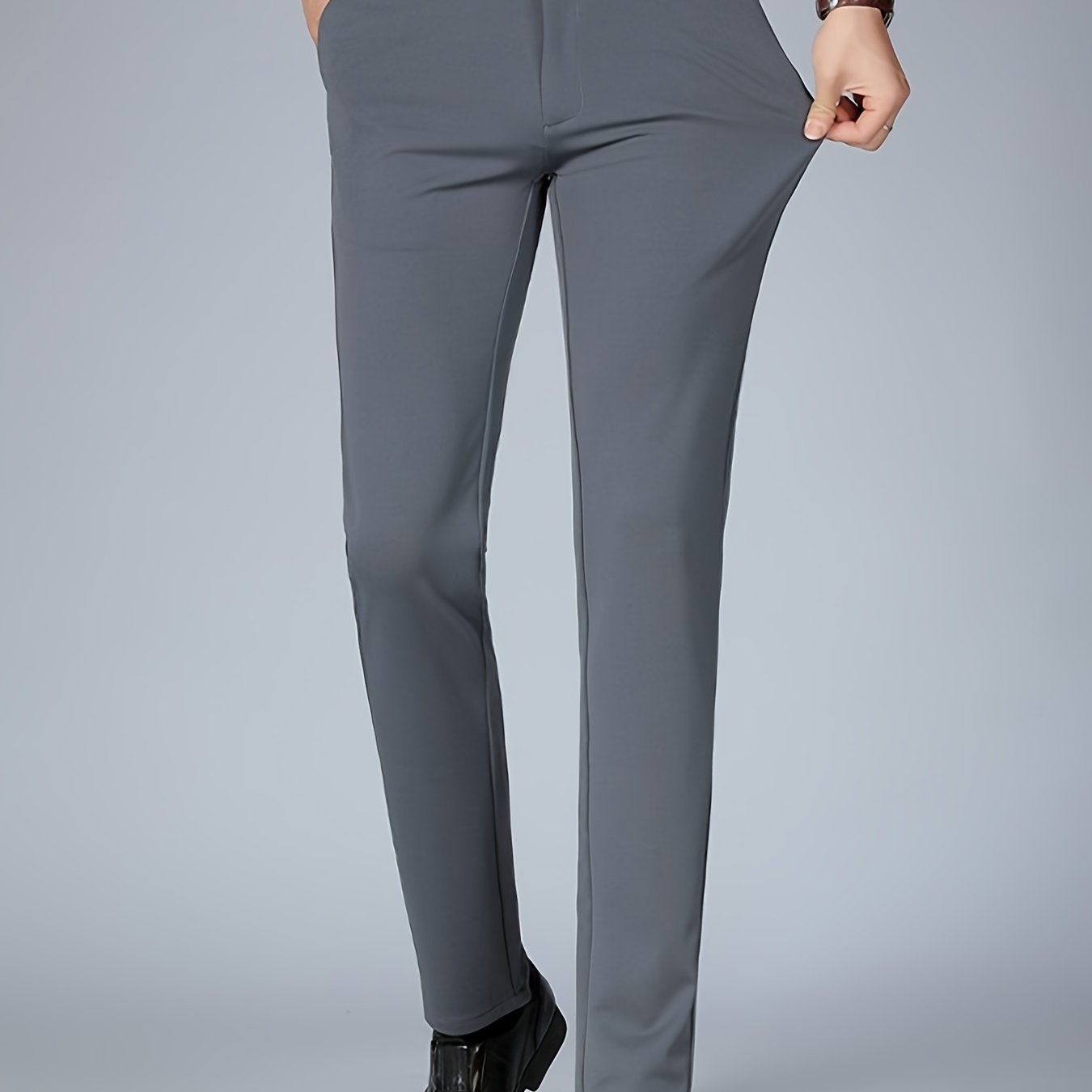 Men's Sleek Business Casual Dress Pants - Solid Black, Straight Leg, Wrinkle-Resistant Polyester Blend, All-Season Formal Trousers with Button Detail