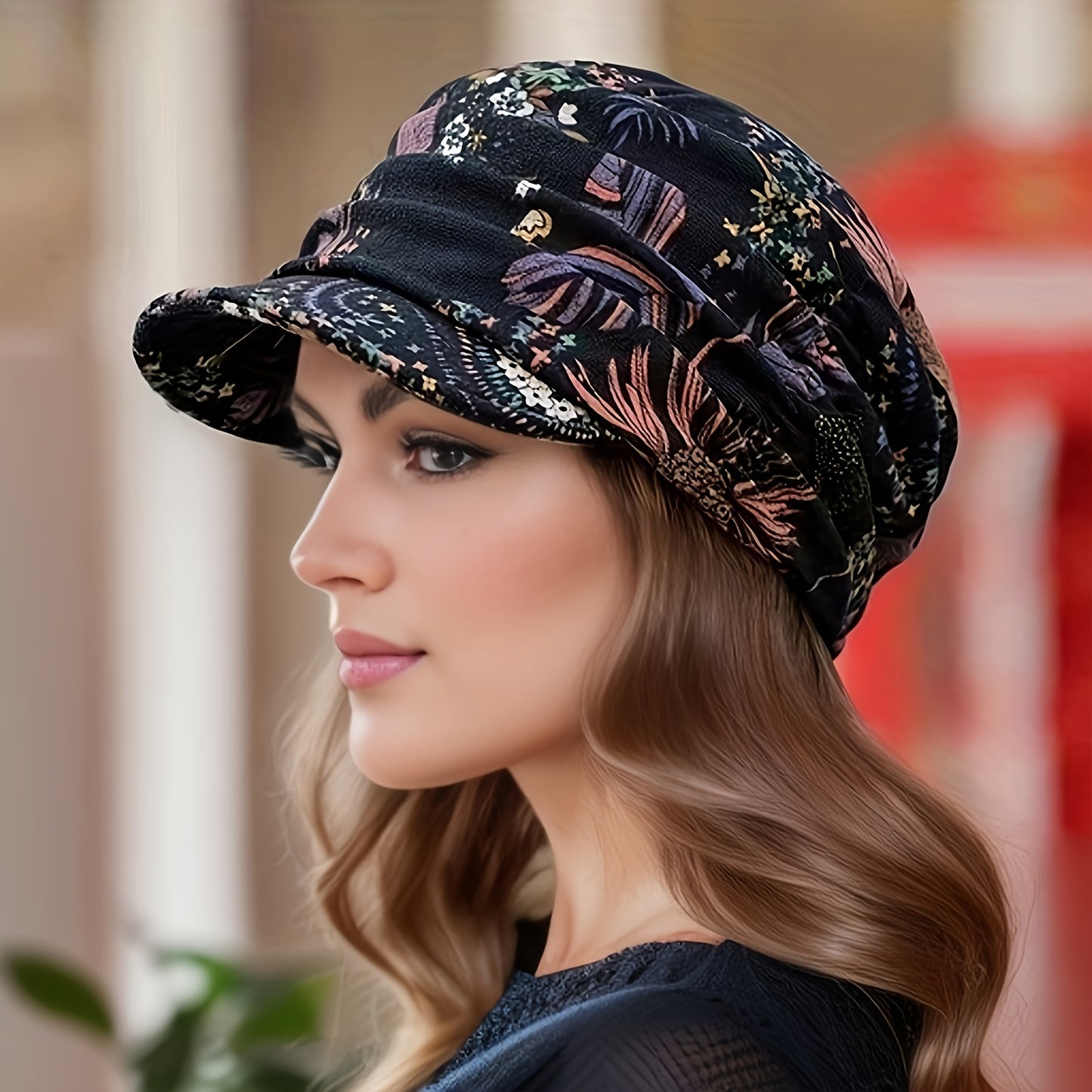 Women's Lightweight Newsboy Cap With Breathable Fabric, Floral Print, Durable Polyester Blend, Perfect For Daily Wear