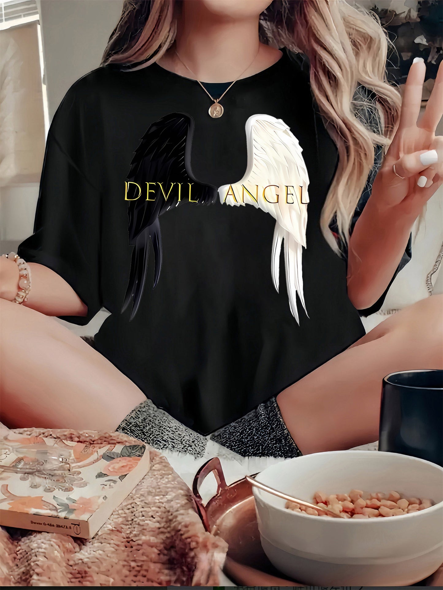 1pc Angel & Devil Wings Graphic Print T-Shirt for Women, Casual Crew Neck Short Sleeve Tee, Polyester Knit Fabric with Medium Stretch, All-Season Fashion Top