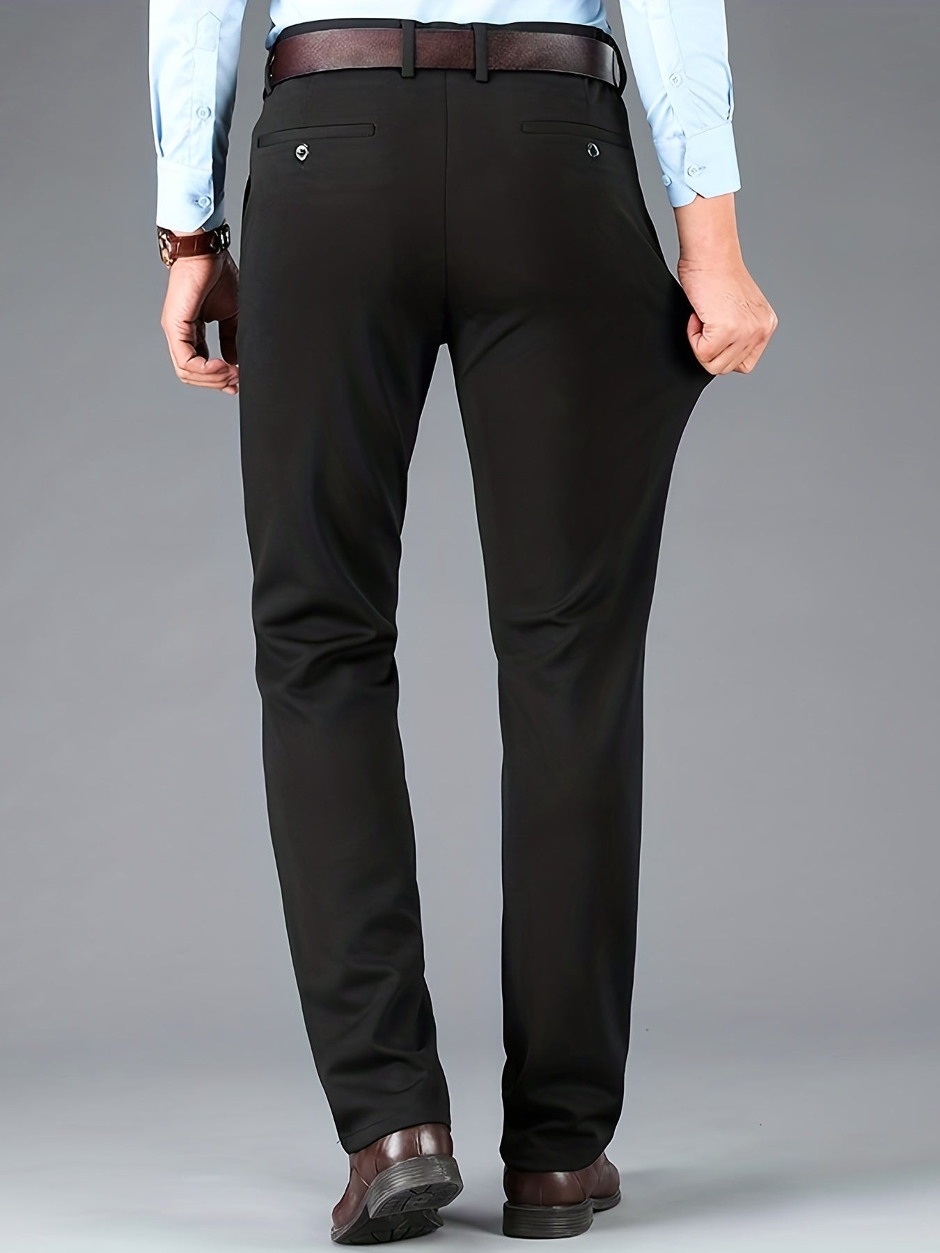 Men's Sleek Business Casual Dress Pants - Solid Black, Straight Leg, Wrinkle-Resistant Polyester Blend, All-Season Formal Trousers with Button Detail