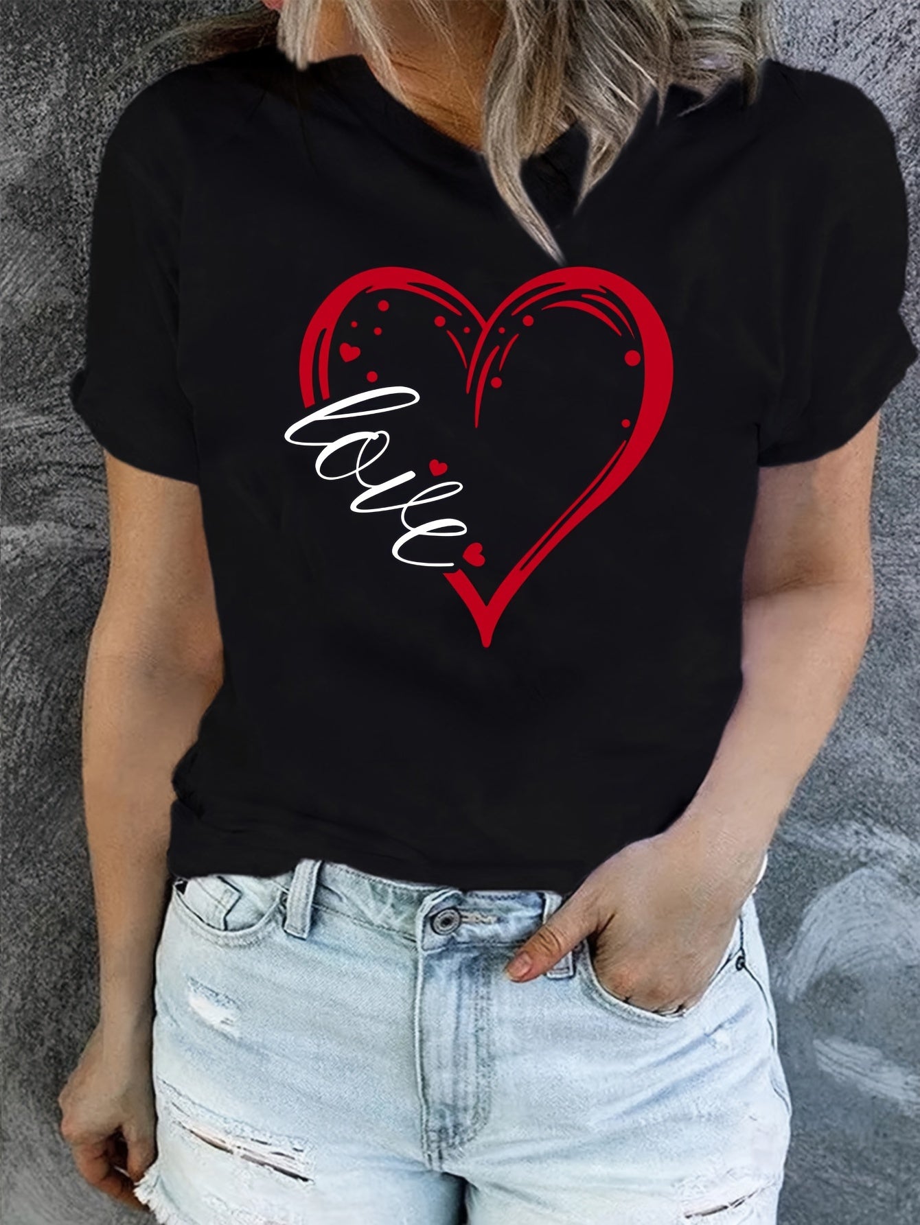 Love Print Crew պարանոցի վերնաշապիկ, ամենօրյա կարճաթև վերնաշապիկ գարնան և ամառի համար, կանացի հագուստ