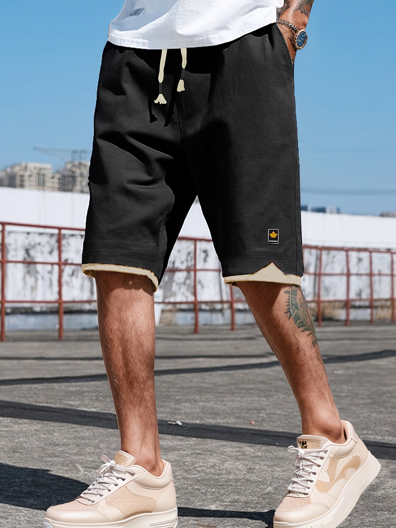 Men's Solid Shorts With Pockets, Casual Elastic Waist Fake Two-piece Drawstring Shorts For Summer