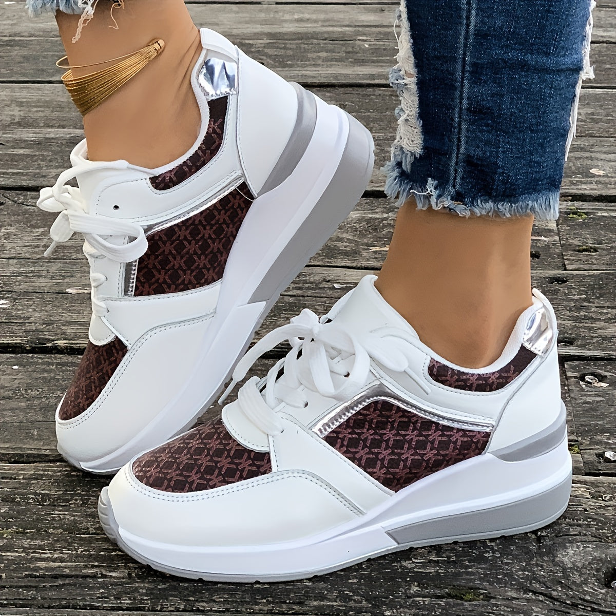 Women'S Plus Size Casual Sneakers - White Synthetic Cover Low-Top Lace-Up Shoes with Golden-Tone Accents, EVA Sole Breathable Fabric Lining for Summer Comfort, Ladies Sneakers, Comfortable Footwear, Durable Footwear