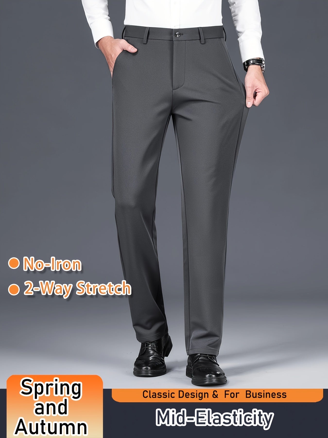 Men's Solid Color Dress Pants, Classic Design Slightly Stretch Formal Dress Pants For Business Occasions, Spring And Fall