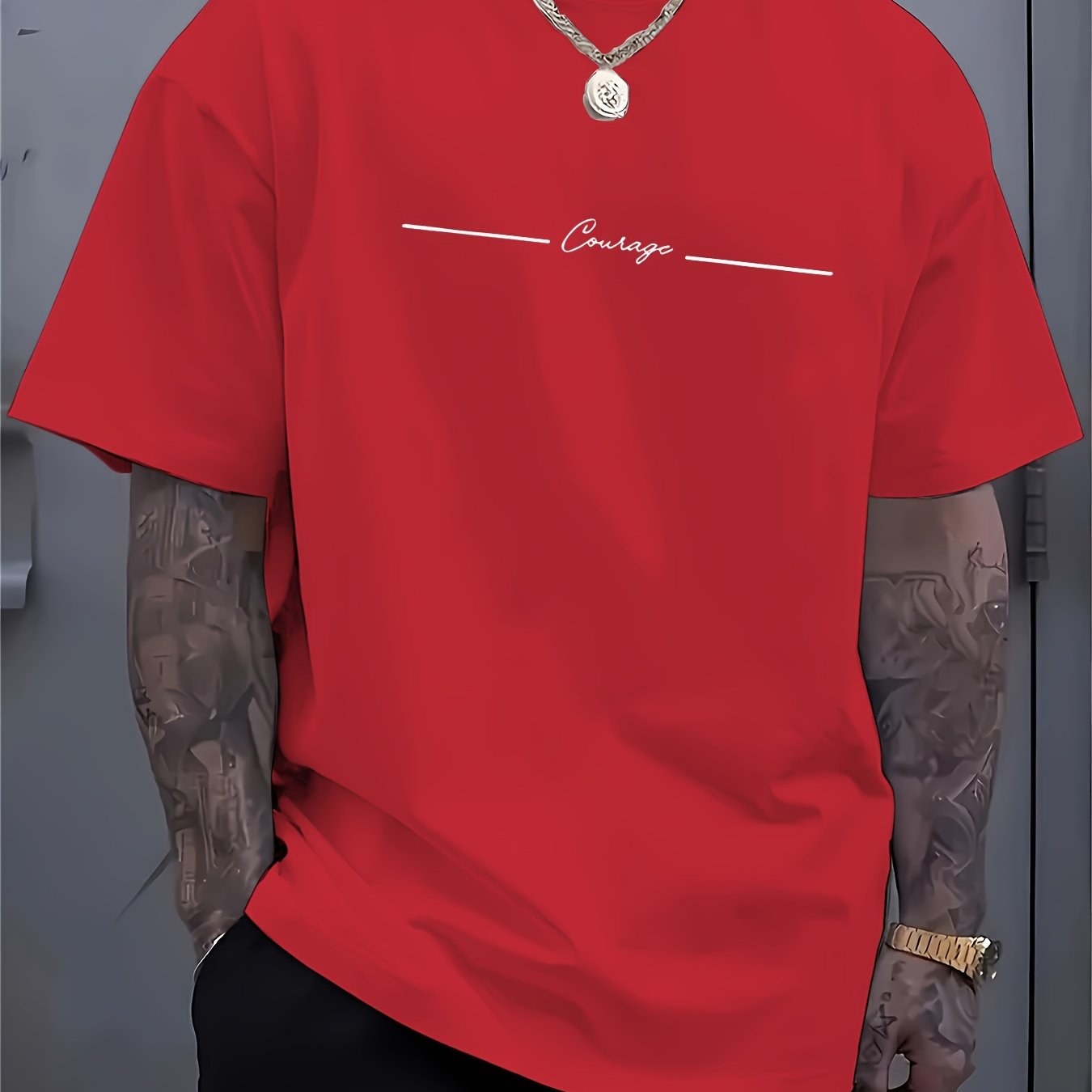 Men'S Casual Crew Neck T-Shirt with Trendy English Print, 95% Polyester 5% Elastane, Slight Stretch Knit Fabric, Regular Fit, Summer Wear - MBDMBD