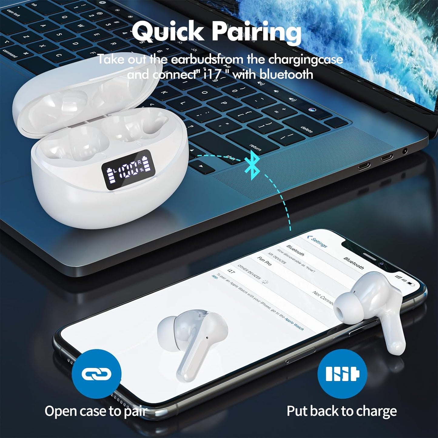 Wireless Earbuds Bluetooth Headphones 50H Playback Ear Buds with IPX7 Waterproof, HD Microphone, LED Display for Iphone and Andriod White