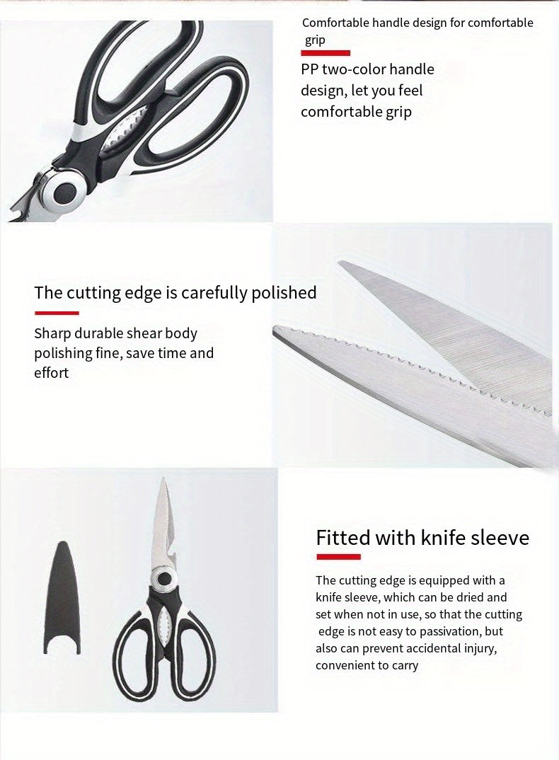 1pc, Kitchen Scissors, Poultry Shears, Kitchen Shears, Kitchen Fish Bone Scissors, Multifunctional Stainless Steel Chicken Bone Scissors For Duck Fish, Food Scissors, Kitchen Meat Scissors, Nut Opener, Bottle Opener, Kitchen