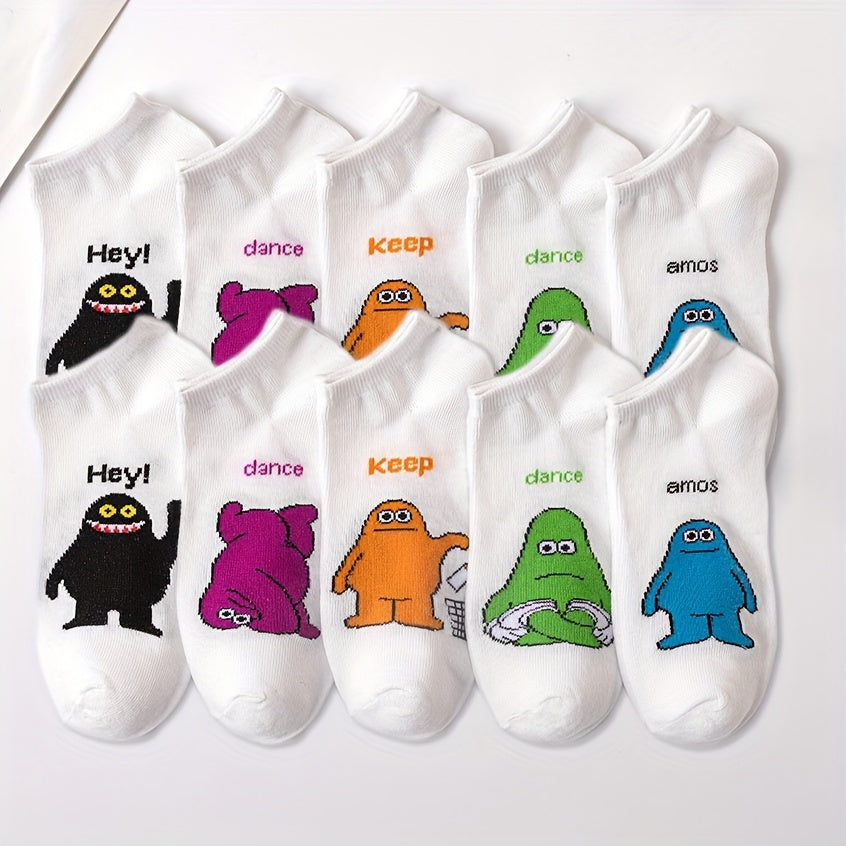 5pcs Cute Animal Cartoon No-Show Socks for Women - Soft Polyester Blend, Playful "HEY! DANCE!" "KEEP!" "EMOTIONS!" Designs, Machine Washable, Elegant Style, Funny Socks