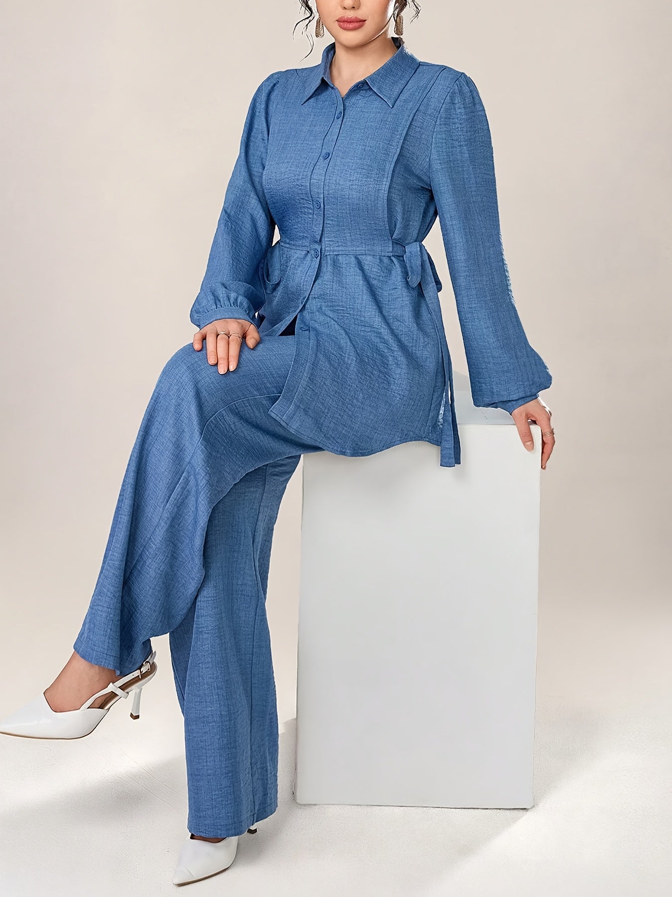 Stylish and Elegant Casual Two-Piece Women's Outfit with Side Tie Single-Breasted Shirt and Wide-Leg Pants for Office Wear