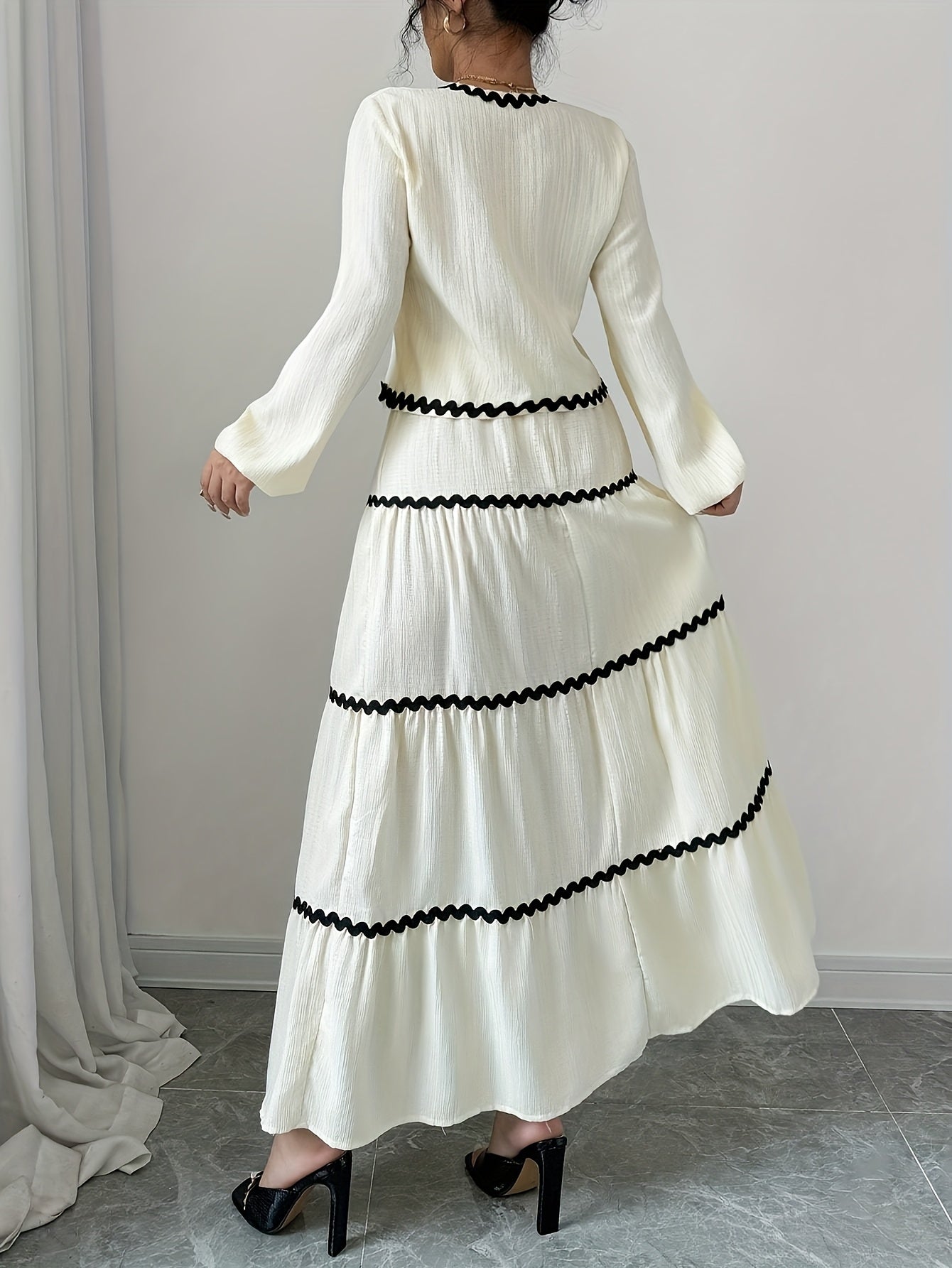 Women's Elegant French Style Lantern Sleeve Ruffle Hem Bow Dress and Skirt Set