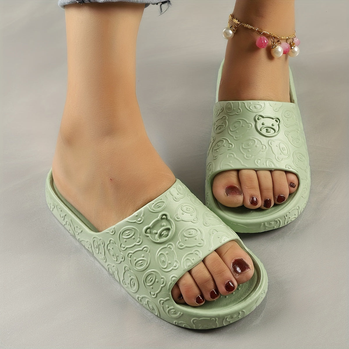 Women's Cute Bear Pattern Slides, Casual Open Toe Soft Sole Shoes, Lightweight Slip On Beach Slides