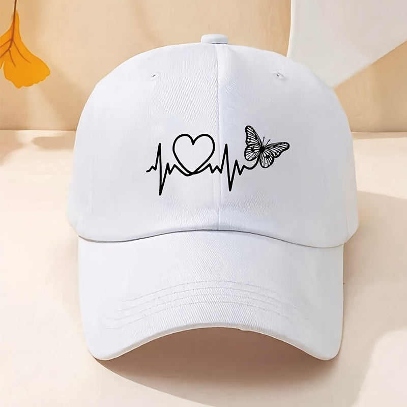 White Butterfly Heartbeat Baseball Cap, Simple Unisex Sports Hat, Sun Protection Outdoor Adjustable Cap