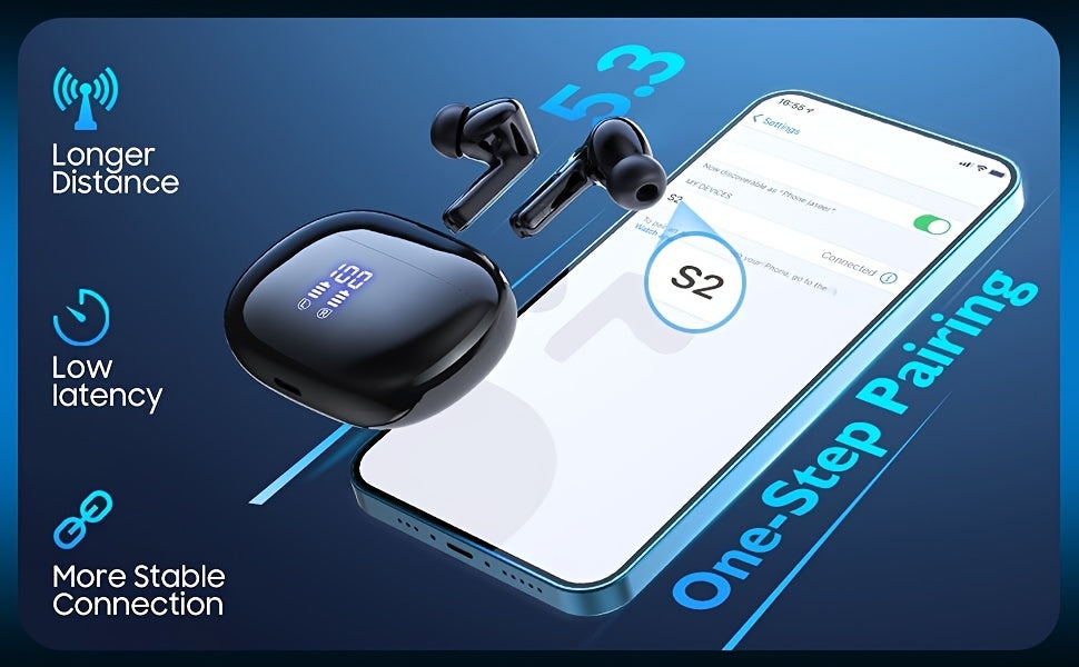 Wireless Earbuds with Touch Control, Built-in Noise Reduction Mic, Type-C Charging Case, 15Hr Playtime, 2Hr Quick Charge, USB Charging, 380mAh Battery, with LED Power Display, for Sports, Adult, Compatible with Cellphones