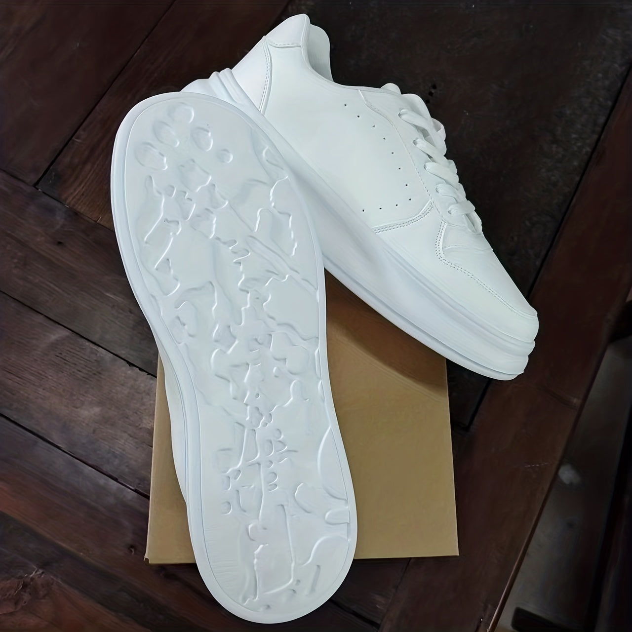 Men's Trendy White Skate Sneakers - Comfortable, Breathable, All-Season Low-Top Lace-Up Shoes with Thick Sole, PU Upper & Mesh Lining for Casual Streetwear