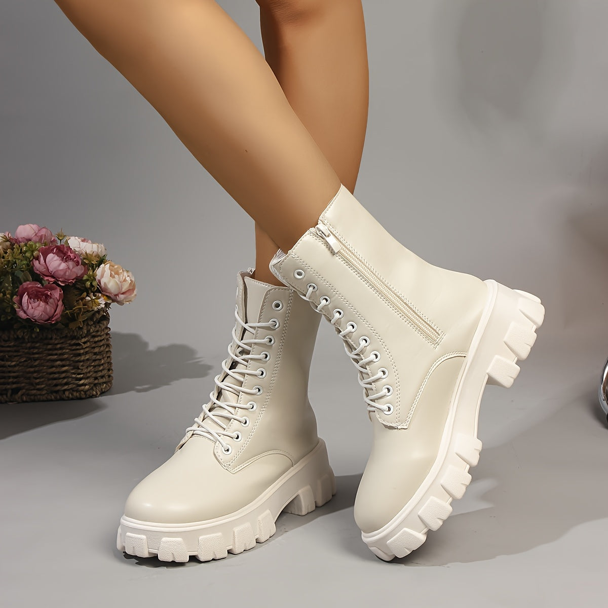 Chic Women's Mid-Calf Platform Boots - Versatile Lace-Up Ankle Booties with Thick Sole, Faux Cover, Comfortable for All Seasons
