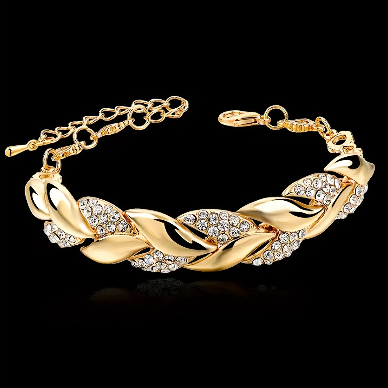 1pc Daily Banquet Jewelry, Golden Leaf Bracelet, Fashion Wedding Jewelry, Inlaid Faux Diamond Bracelet For Men Women