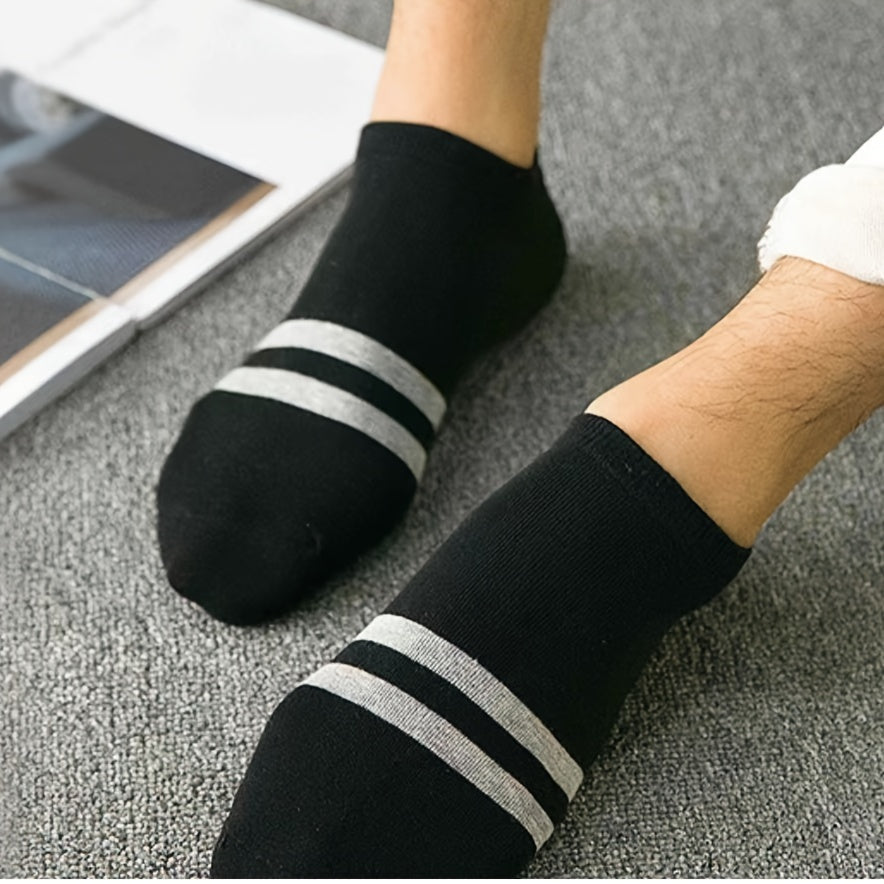 5pcs Men's Breathable Low-Cut Athletic Socks - Lightweight, Moisture-Wicking Striped Ankle Socks for Spring & Summer (White, Navy Blue, Black, Gray, Light Green)