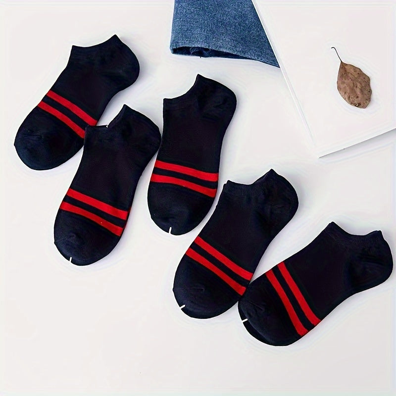 5pcs Men's Breathable Low-Cut Athletic Socks - Lightweight, Moisture-Wicking Striped Ankle Socks for Spring & Summer (White, Navy Blue, Black, Gray, Light Green)