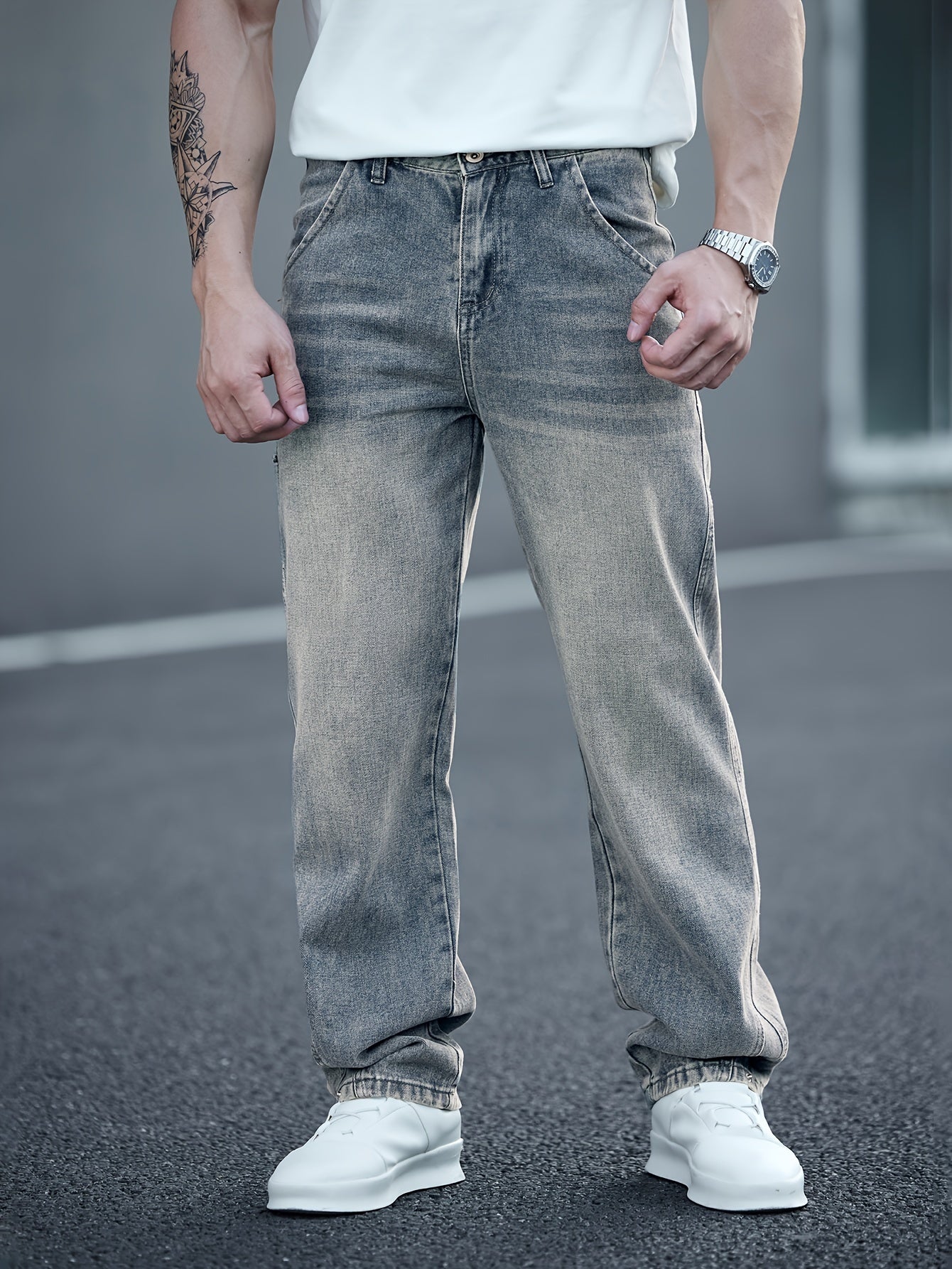 Men's Fashionable Washed Denim Wide-Leg Pants, Comfortable High-End Casual Trousers for All Seasons, Autumn-Winter, Versatile