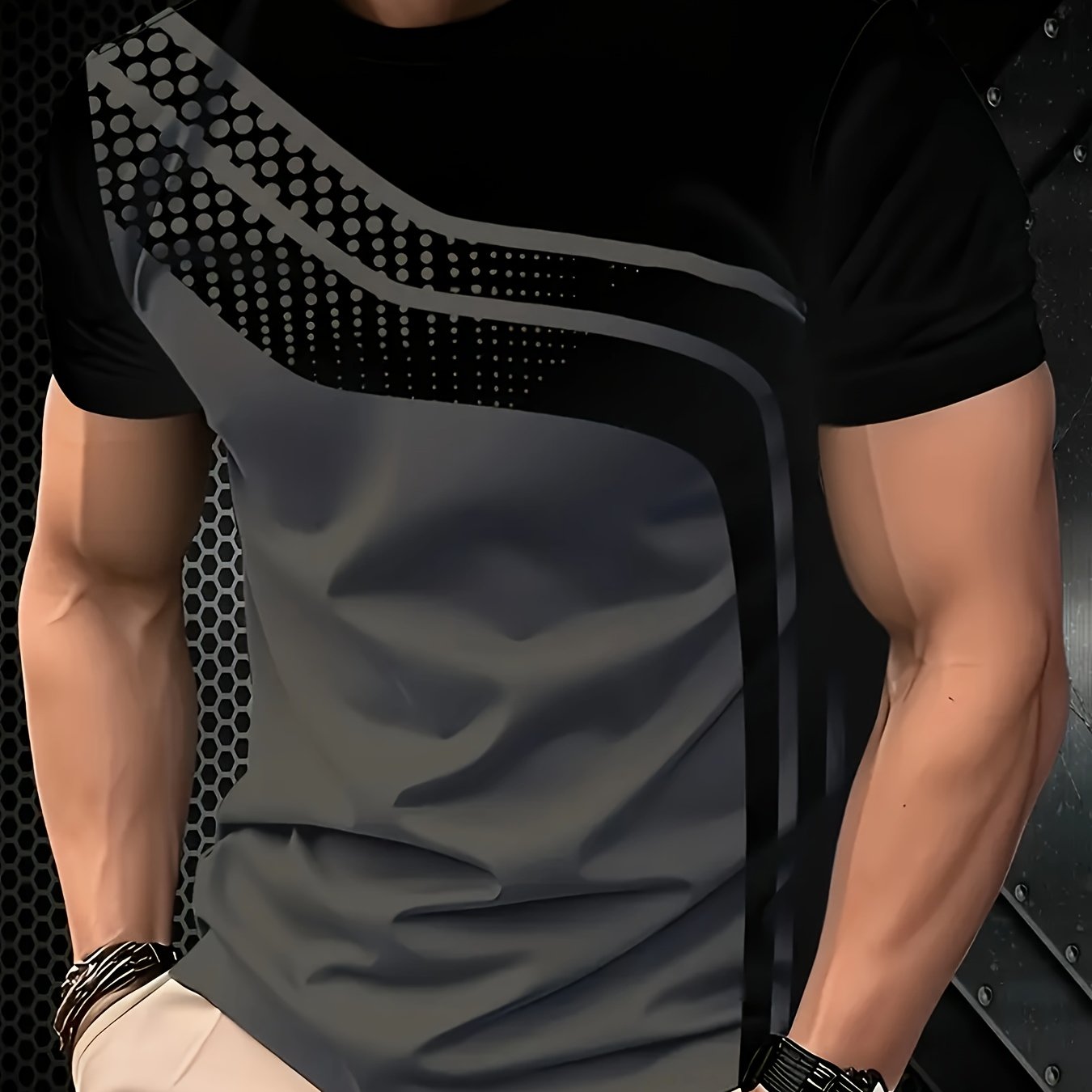 Men's Stylish Black & Grey Striped 3D Print T-Shirt - Round Neck Short Sleeve, Summer Casual Wear, Polyester Blend, Machine Washable, Modern Gradient Design for Everyday Outings