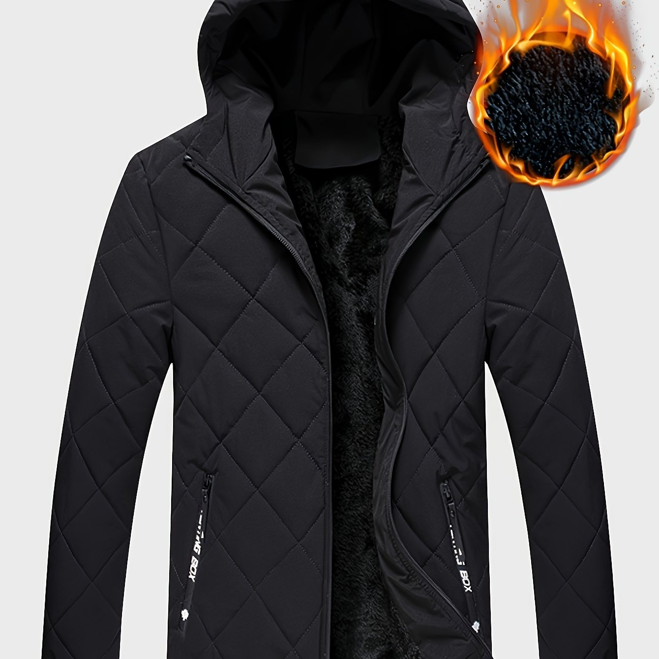 Men's Casual Fleece-Lined Hoodie Jacket - Warm, Windproof Zip-Up Coat with Quilted Design for Fall/Winter, Winter Coat