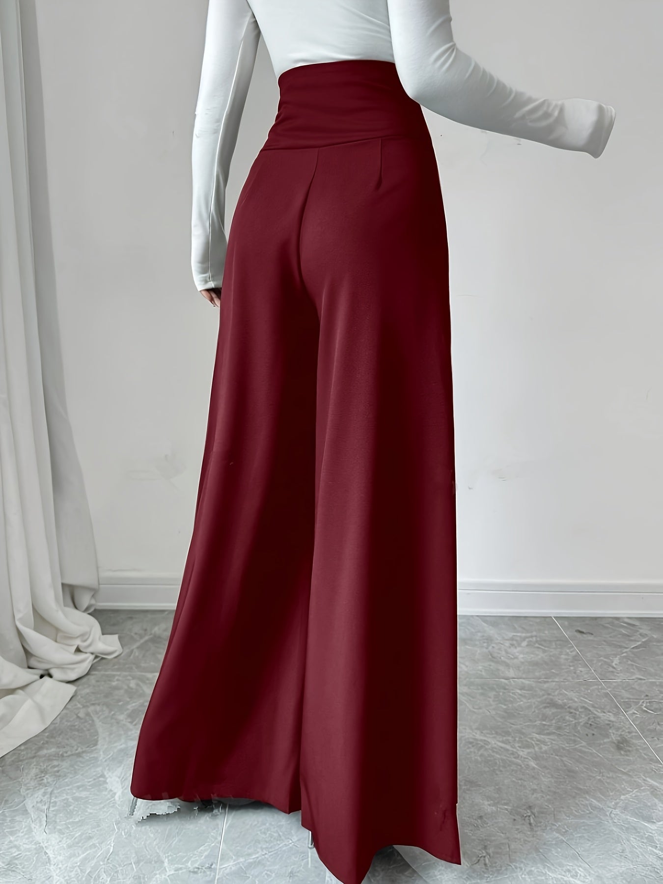 1pc Elegant High-Waisted Black Wide Leg Pants for Women, Solid Color Polyester, Regular Fit with Zipper Fly, All-Season Long Length Trousers with Zipper Detail
