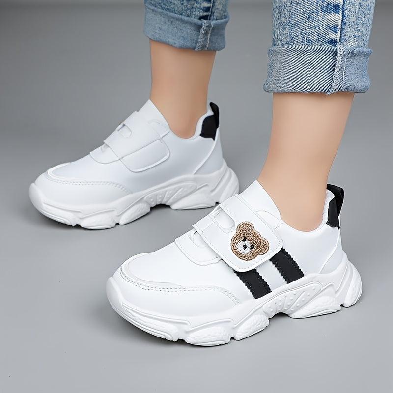 Girls' White Sneakers - Cute Cartoon Bear Design, Casual Low-Top Style with Hook-and-Loop Fastener, Comfortable Microfiber Synthetic Upper, All-Season Wear for Youngsters, Everyday Youngsters's Shoes | Playful Youngsters Snea