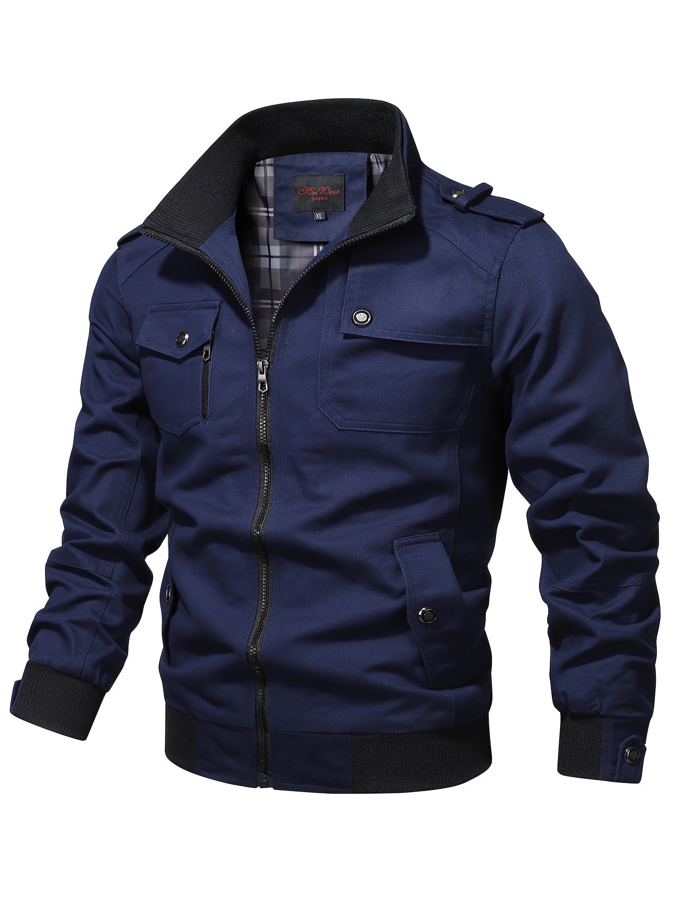 Men's Casual Bomber Jacket, Cotton Stand Collar Windbreaker Jacket With Pockets For Fall Winter