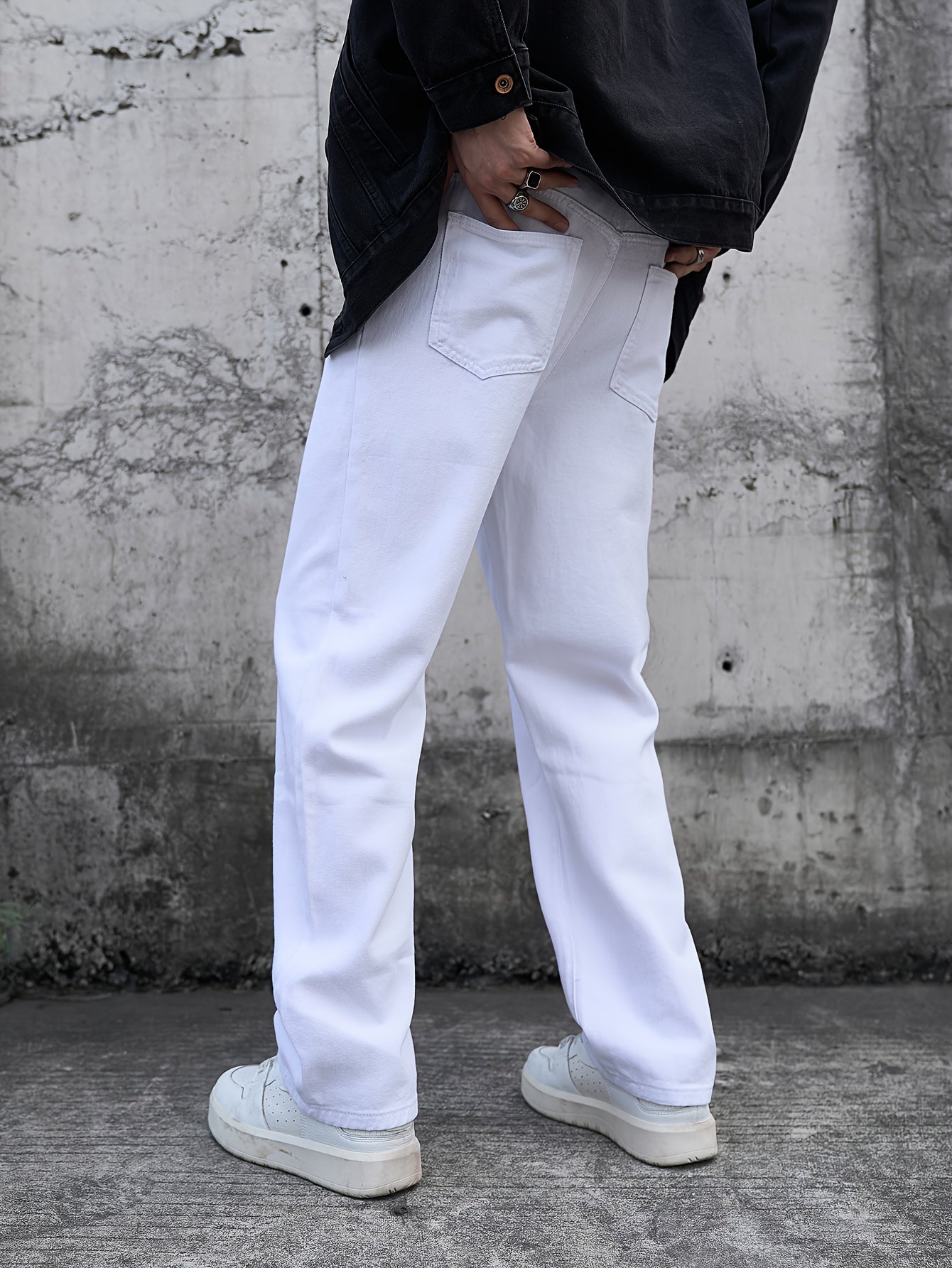 Men's Casual White Jeans - Loose Fit, Cotton, Machine Washable, Solid Color with Pockets, All-Season Wear