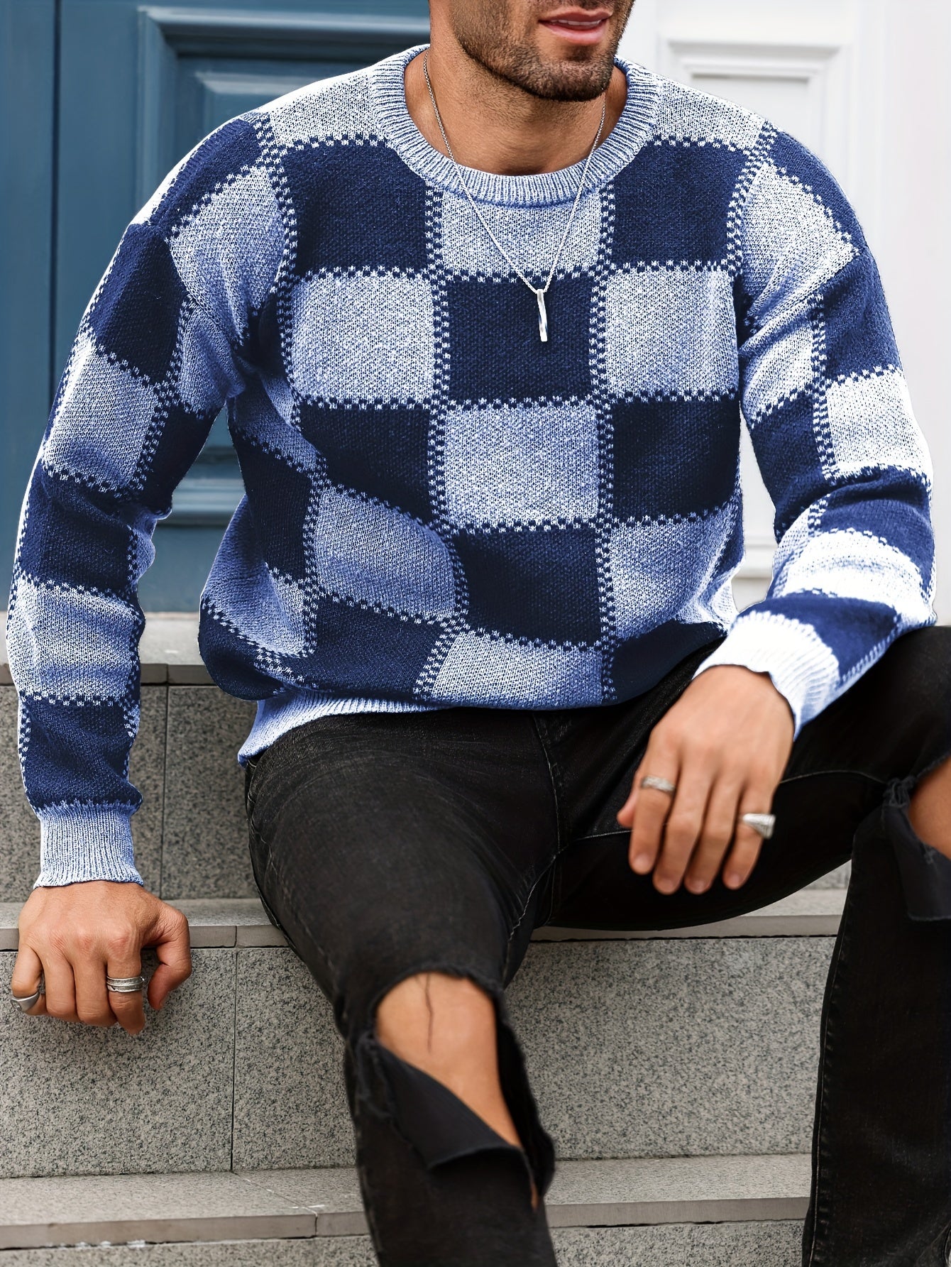 Men's Color Blocking Textured Checked Print Casual Trendy Sweater, Long Sleeve Pullover As Gift For Fall And Winter