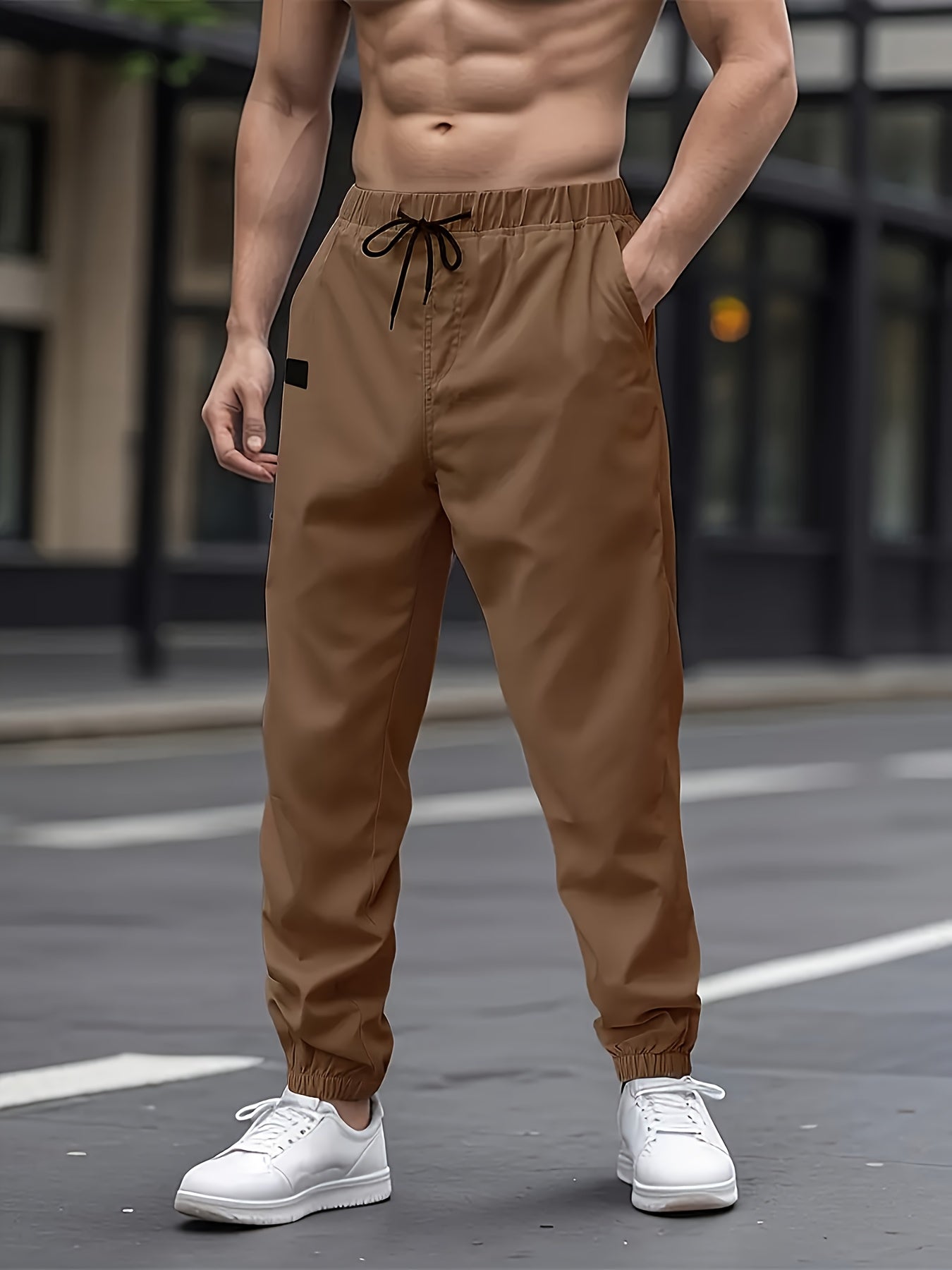 1pc Men'S Casual Cargo Pants, Solid Color Polyester Drawstring Waist, Non-Stretch Woven Fabric, Regular Fit, Polyester Lined, Perfect for Weekend Casual Wear