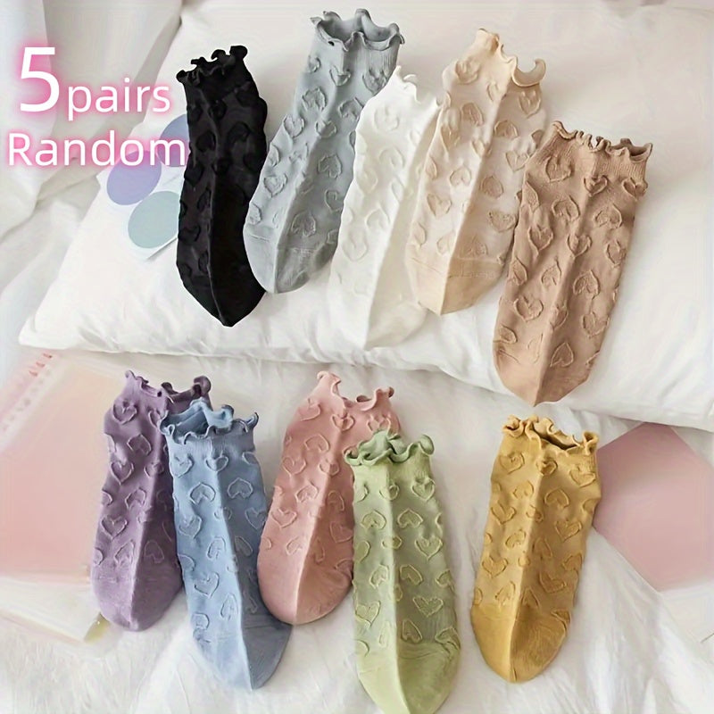 5 Pairs of Random Love Lace Socks Women's Socks Japanese Korean Style Cute Thin Breathable Hollow Short Socks