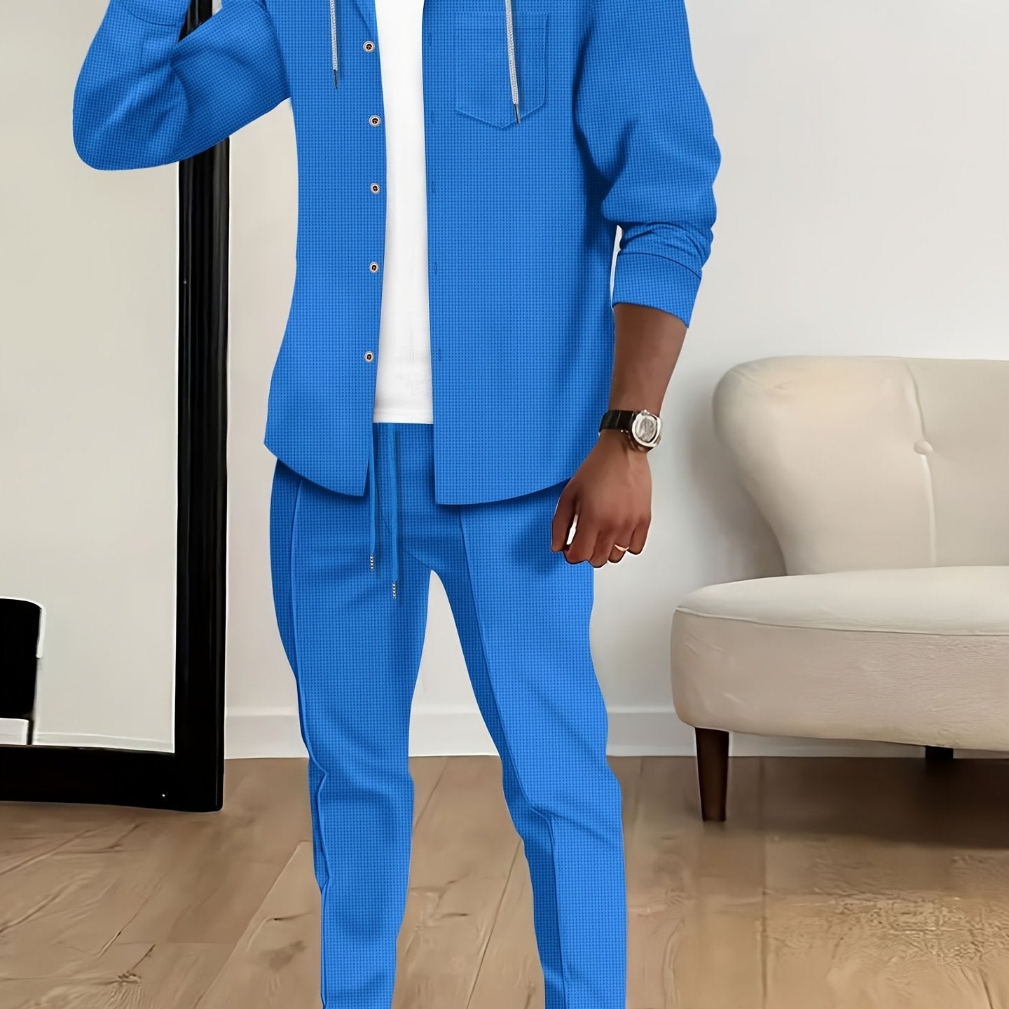 Գարնան և աշնան համար նոր երկար թևքերով, կոճակներով, գլխարկով բաճկոնի և պարանե տաբատի հավաքածու, վաֆլի գույնի դասական տղամարդու սպորտային 2 հատանոց սպորտային համազգեստ - Սպորտային համազգեստ բացօթյա սպորտաձևերի սիրահարների համար, շնչող և հարմարավետ