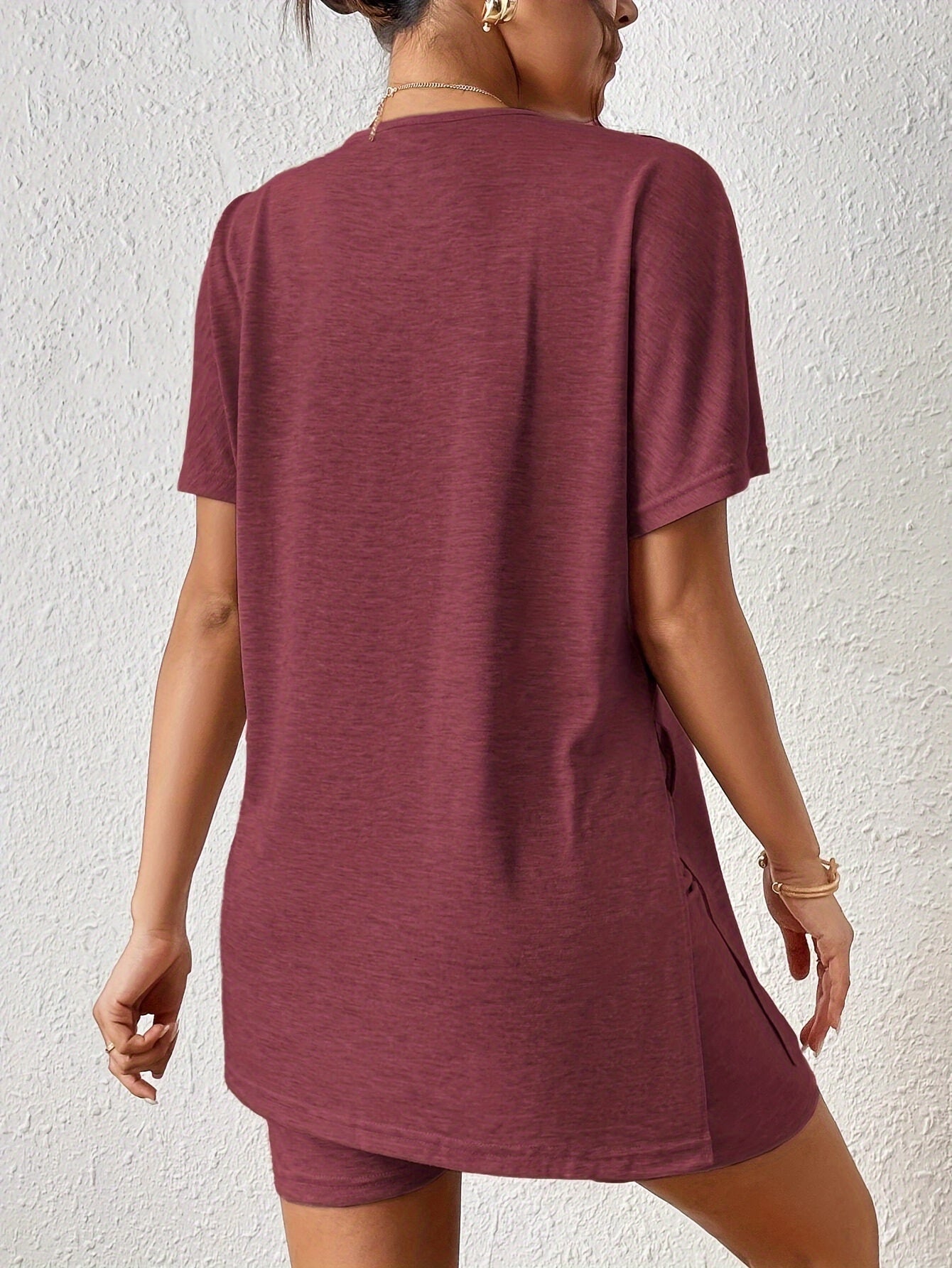Casual Solid Color Comfortable Two-Piece Set, Bat Sleeve Round Neck Slit T-Shirt and Tight Shorts, Women's Clothing