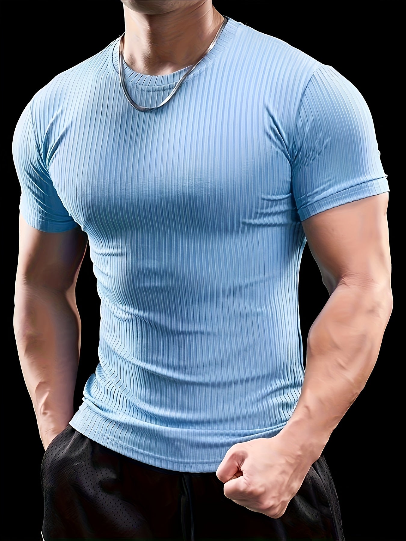 Men's Slim Fit Ribbed Short Sleeve T-Shirt - Stretchy Athletic Casual Wear, Green, Round Neck, Machine Washable, Muscle-Enhancing Design, Gym Shirts