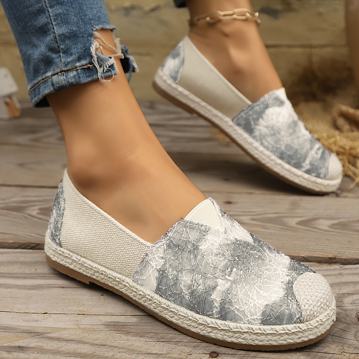 Women's Breathable Slip-On Loafers - Soft Sole Casual Walking Shoes, Lightweight & Comfortable, Beige Floral Pattern Fabric Upper, PU Cover Sole, Perfect for Casual Attire, Allseason Loafers | Slipon Comfort | Soft Sole Shoes