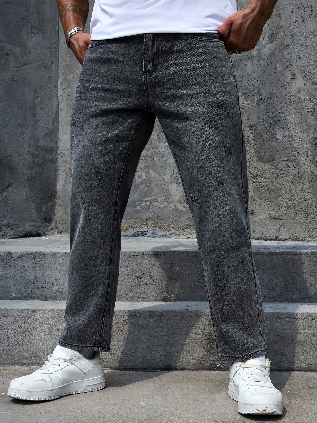 Men's Regular Fit Distressed Denim Jeans - Light Grey, Blend, Machine Washable, Year-Round Comfort & Style
