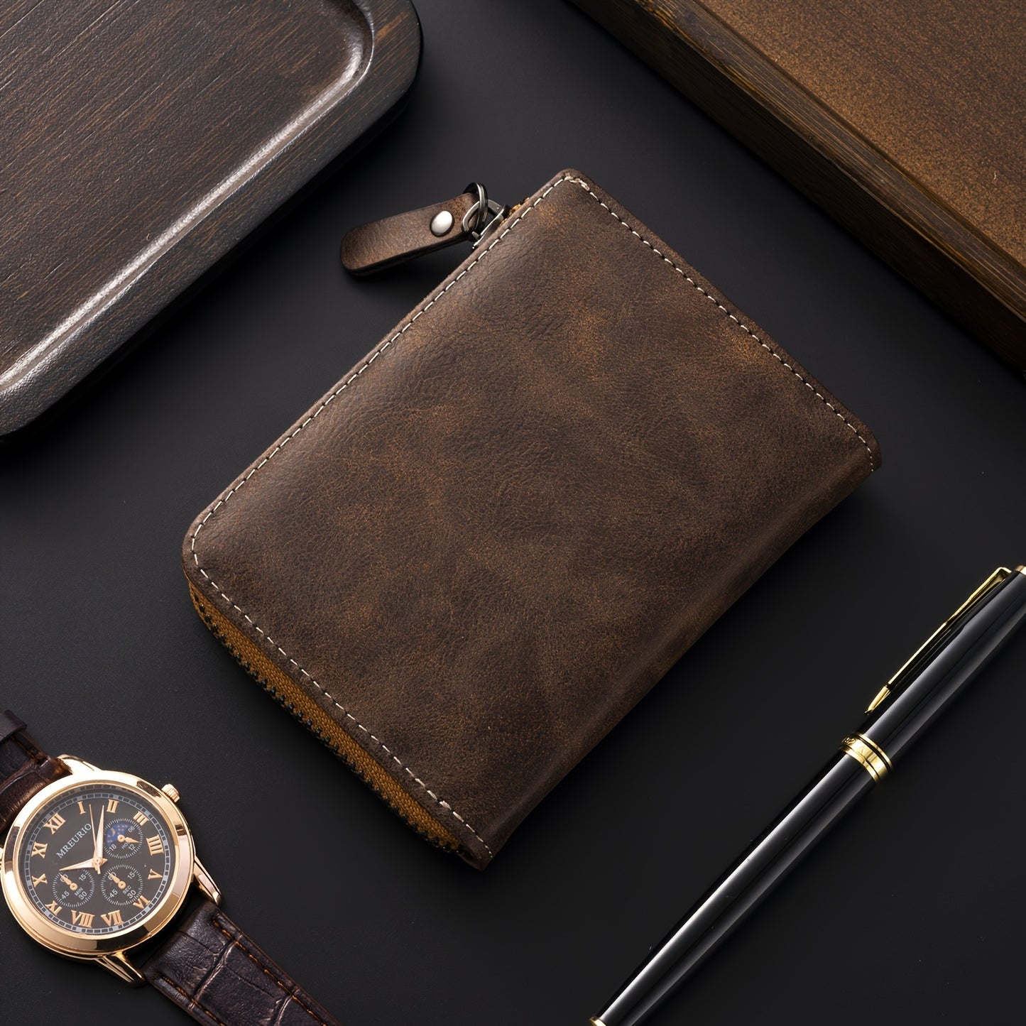 1pc Men's Retro Short Wallet, Multifunctional Fashion Zipper PU Leather Wallet, Ideal Gift For Men
