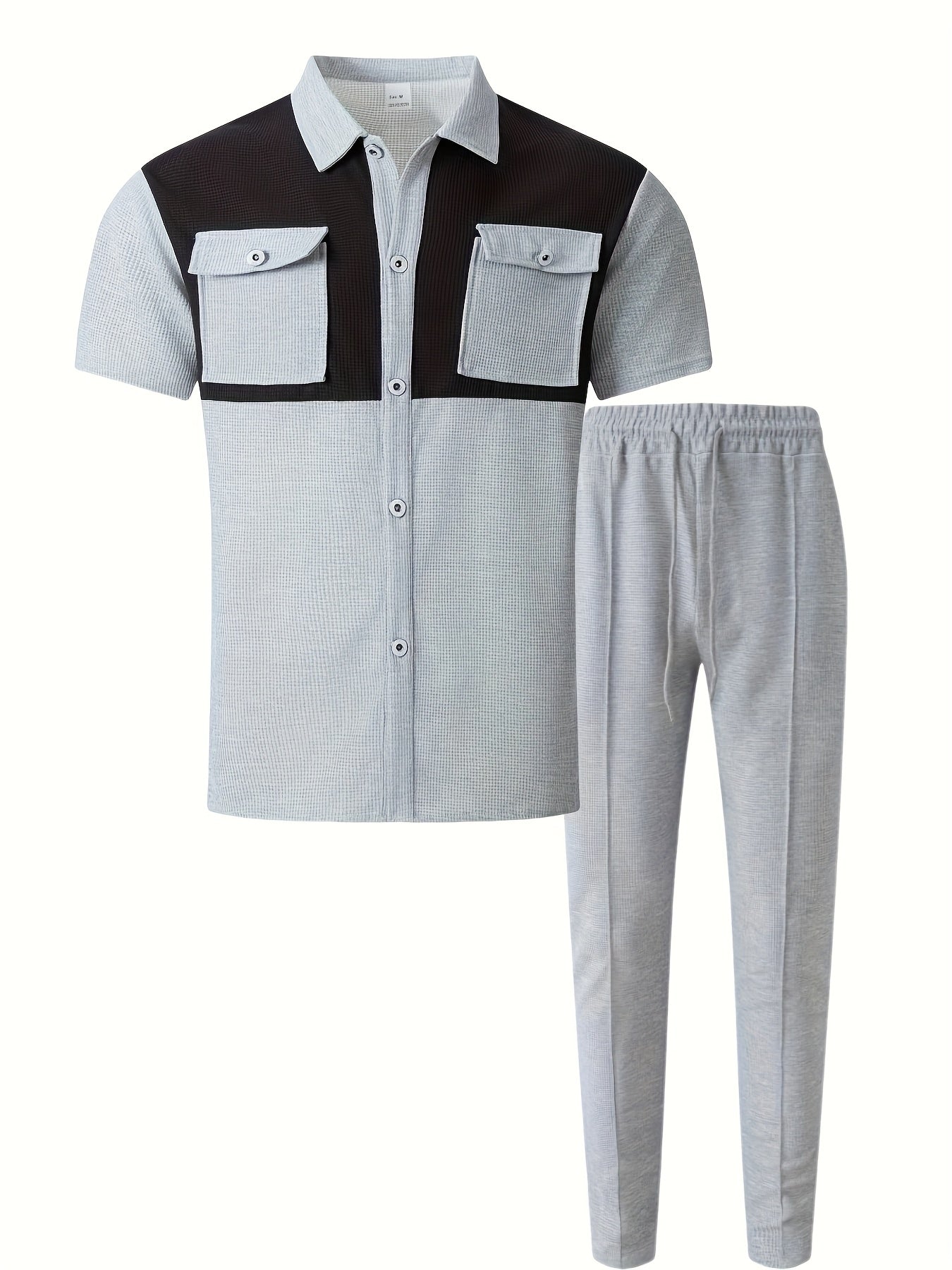 Men's Summer Two-Piece Set, Waffle Fabric Contrast Color with Pockets Short-Sleeved Shirt + Casual Trousers Suit, Leisure Light Business Vacation Daily Multiple Scenes