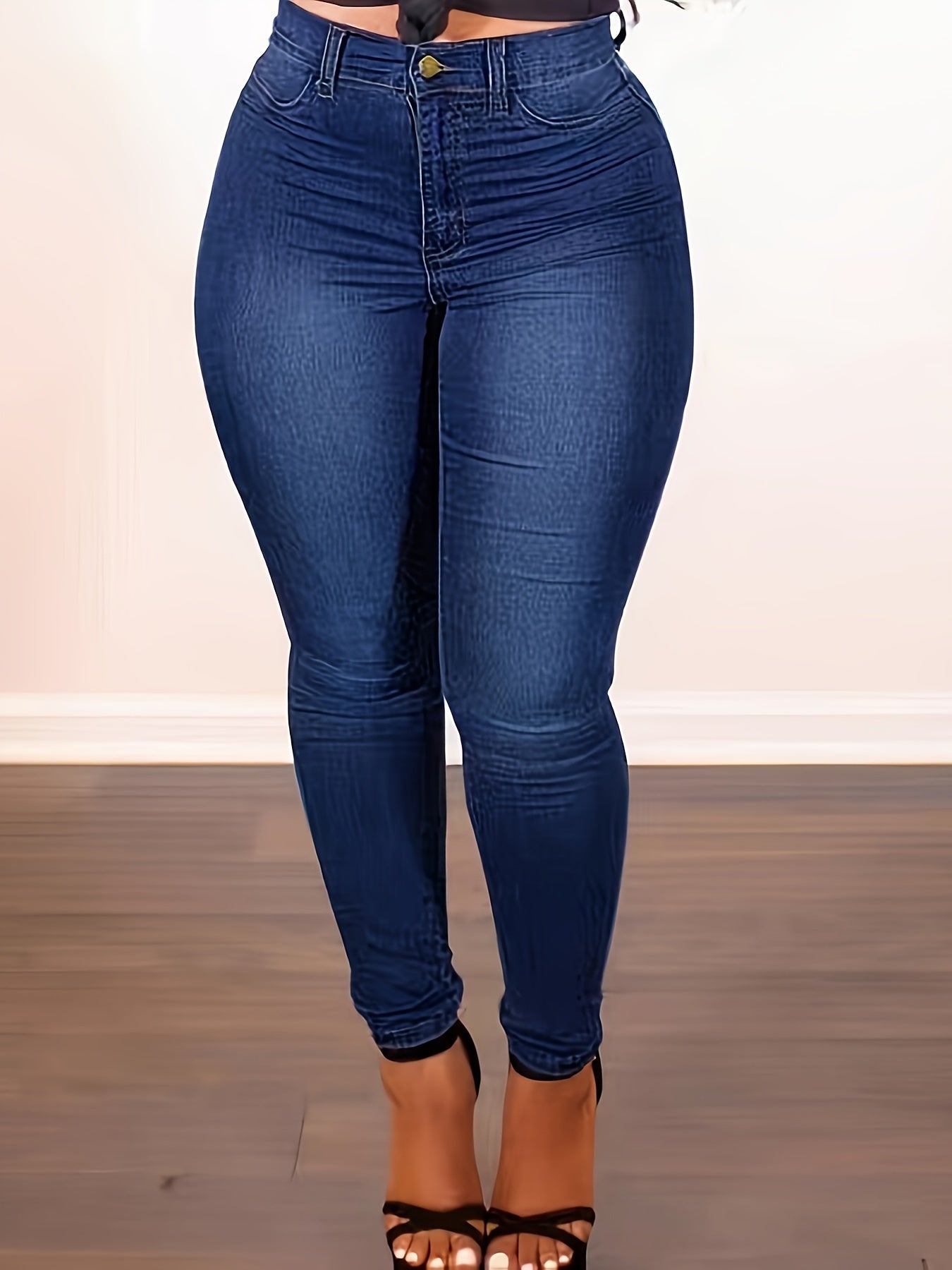 1pc Women'S Plus Size Stretch Denim Jeans, Solid Color Button-Up Washed Casual Style, (75%, 22% Polyester, 3% Spandex), Medium Stretch Fabric, All-Season Woven Pants