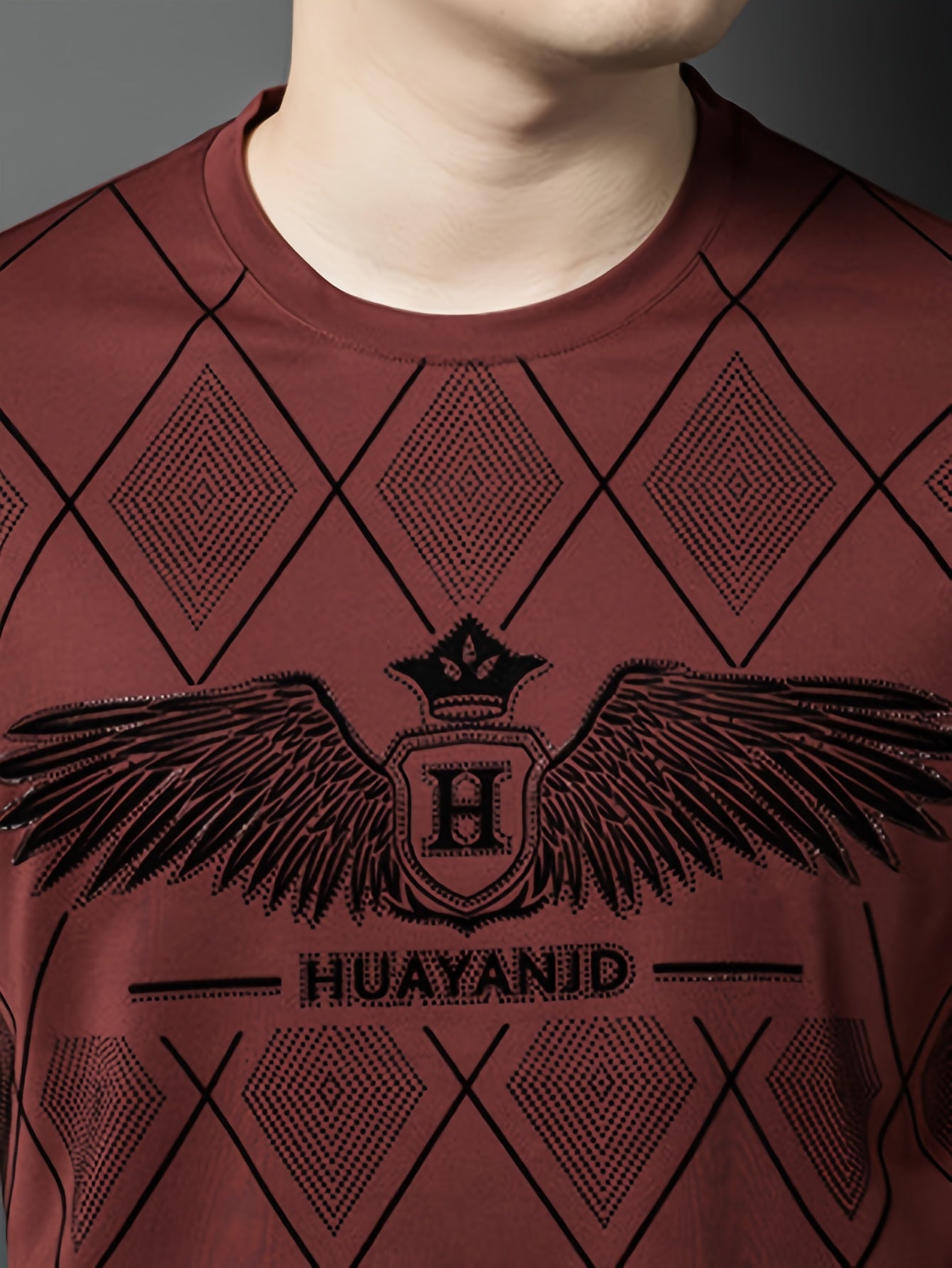 SINBOS Men's 2025 Summer Short Sleeve T-Shirt - Black Casual Graphic Print Tee with Wing HUYAND Logo Design, Breathable Stretch Fabric, Round Neck Regular Fit for Casual Attire, Nontransparent Material, Relaxed Fit, Trendy